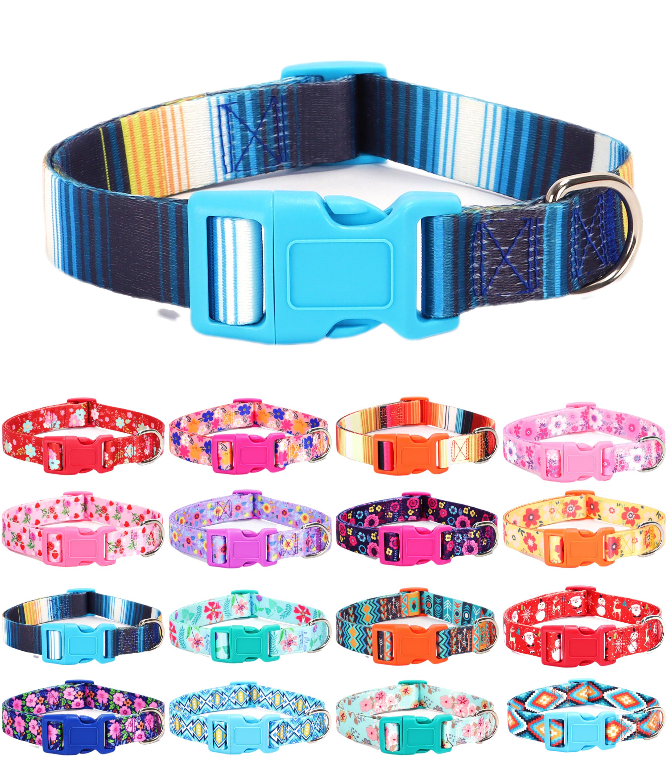 Moonpet Adjustable Dog Collar for Small Medium Large Dogs - Soft Bohemian Floral Pattern Pet Collar with Blue Stripes - Perfect for Daily Walks, Training & Outdoor Adventures