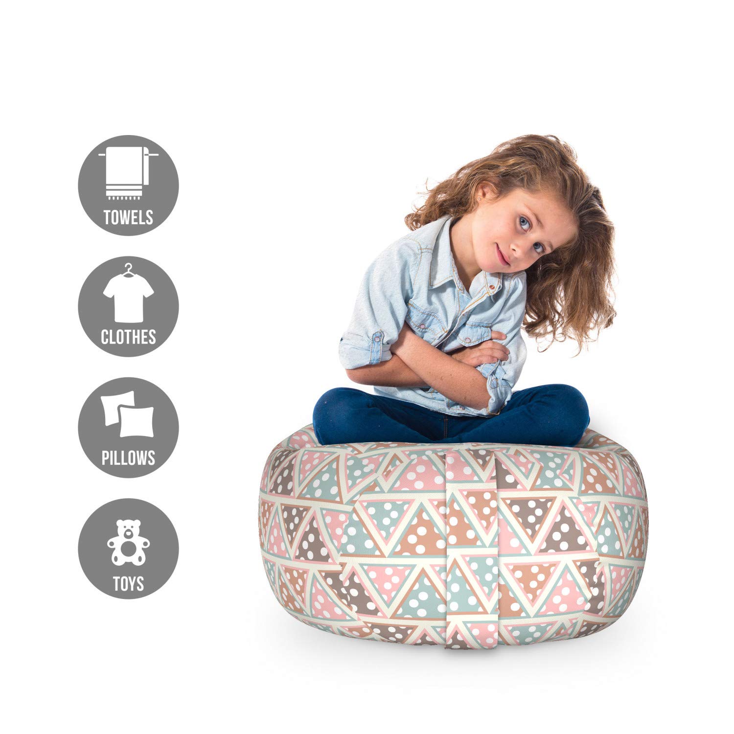 Ambesonne Bohemian Abstract Storage Bag Chair - Pastel Triangle & Polka Dot Pattern, Geometric Design Stuffed Animal Organizer, Washable Small Toy Storage for Kids Bedroom, Playroom & Nursery Decor