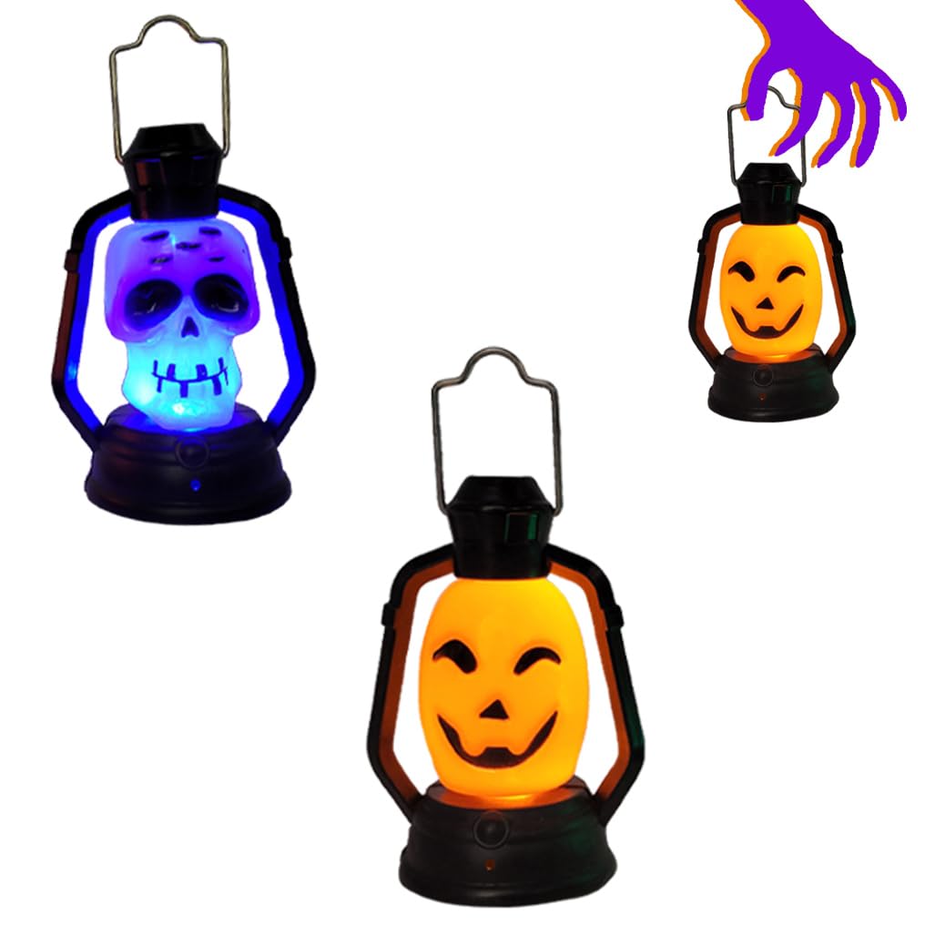 Halloween Mini Flashing LED Lanterns - 4 Pack Spooky Orange Pumpkin & Skeleton Handheld Lights for Trick or Treat, Party Decorations, Haunted House, and Outdoor Nighttime Events