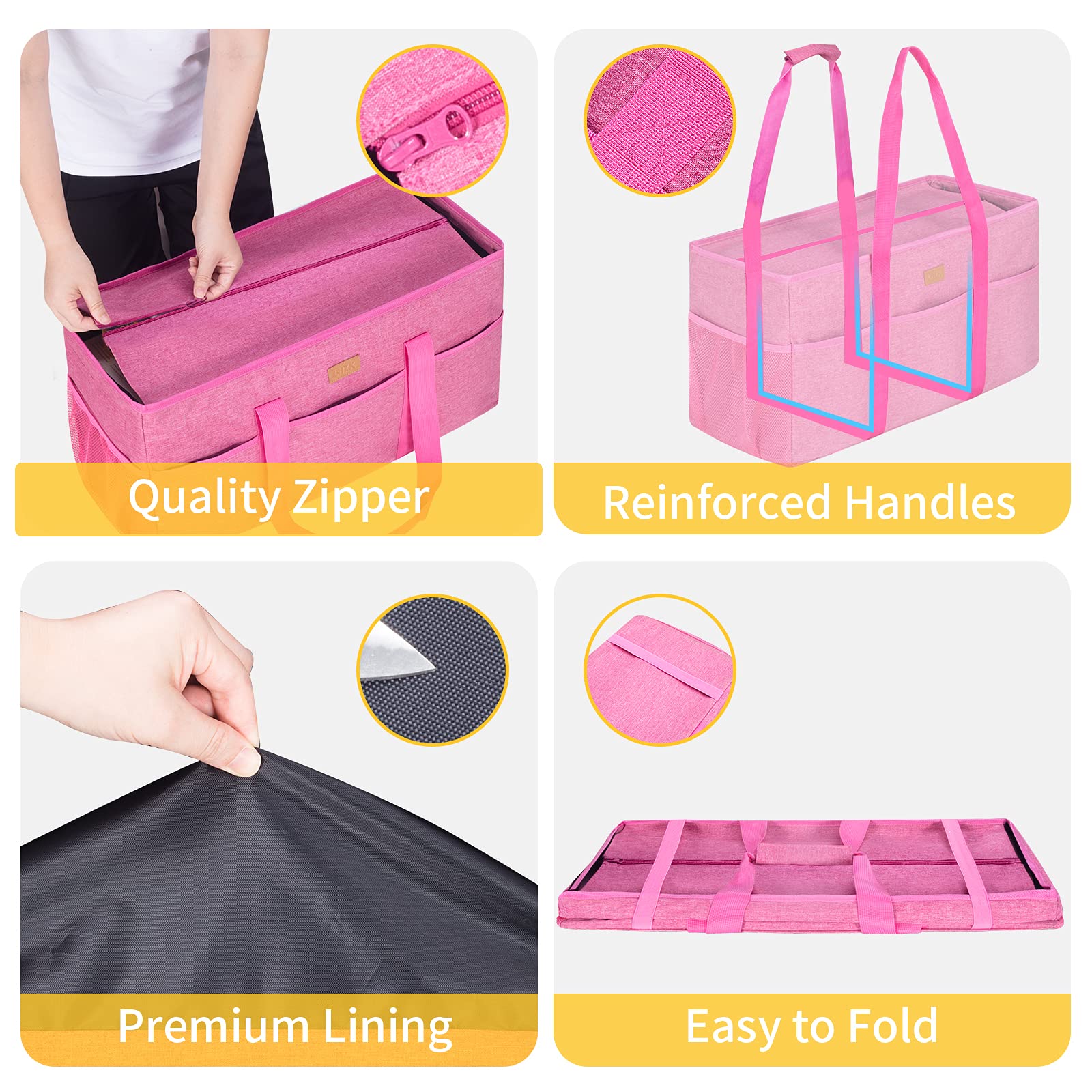 LHZK Extra Large Stand Up Utility Tote Bag with Lid - Reinforced Metal Wire Frame & Sides - Perfect for Grocery Shopping, Beach Trips, and Storage Organization