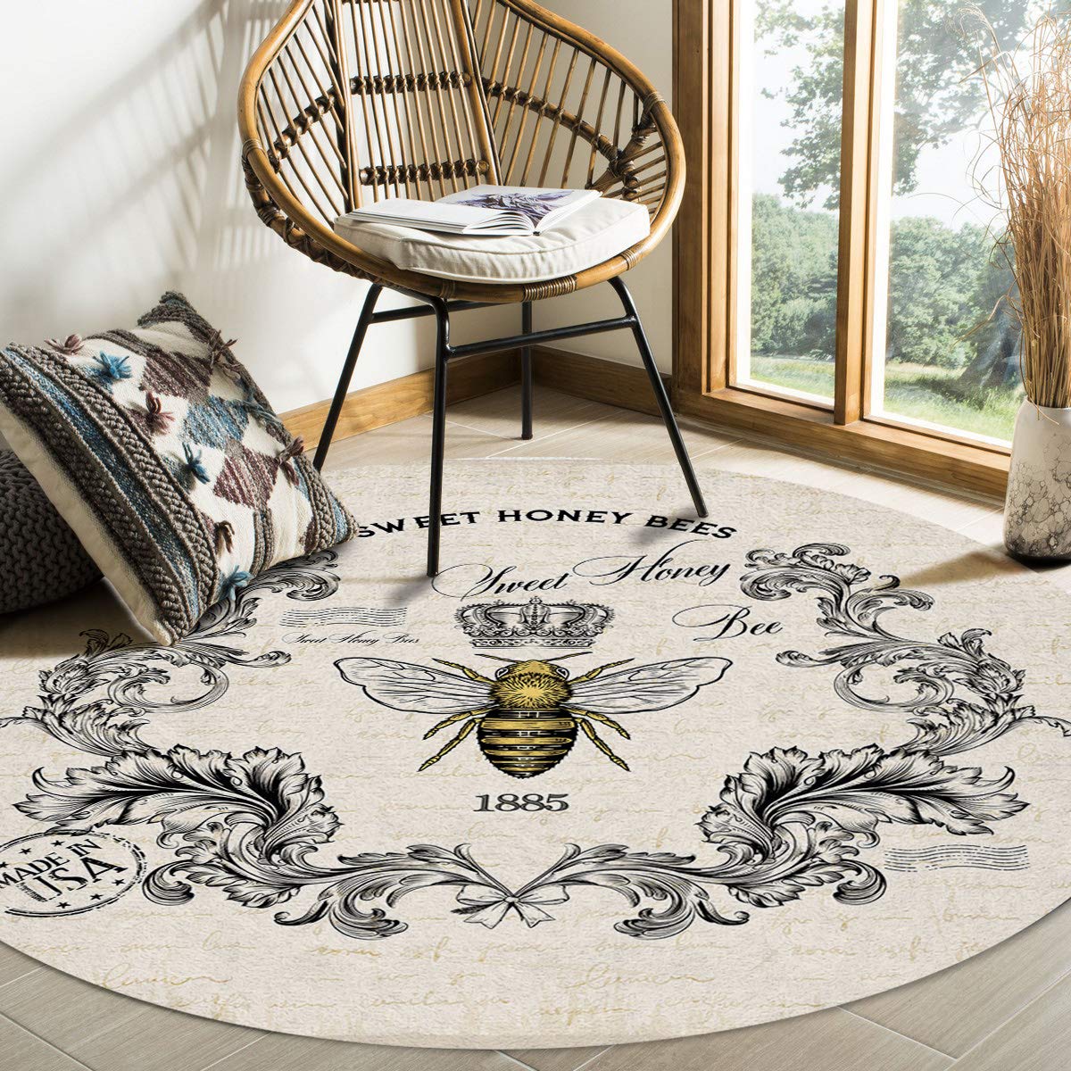 Savannan Vintage Floral Print Non-Slip Round Area Rug - 5ft Diameter Honey Bee Design for Living Room, Kitchen, Porch & Kids Room | Soft Accent Floor Mat for Home Decor & Cozy Spaces