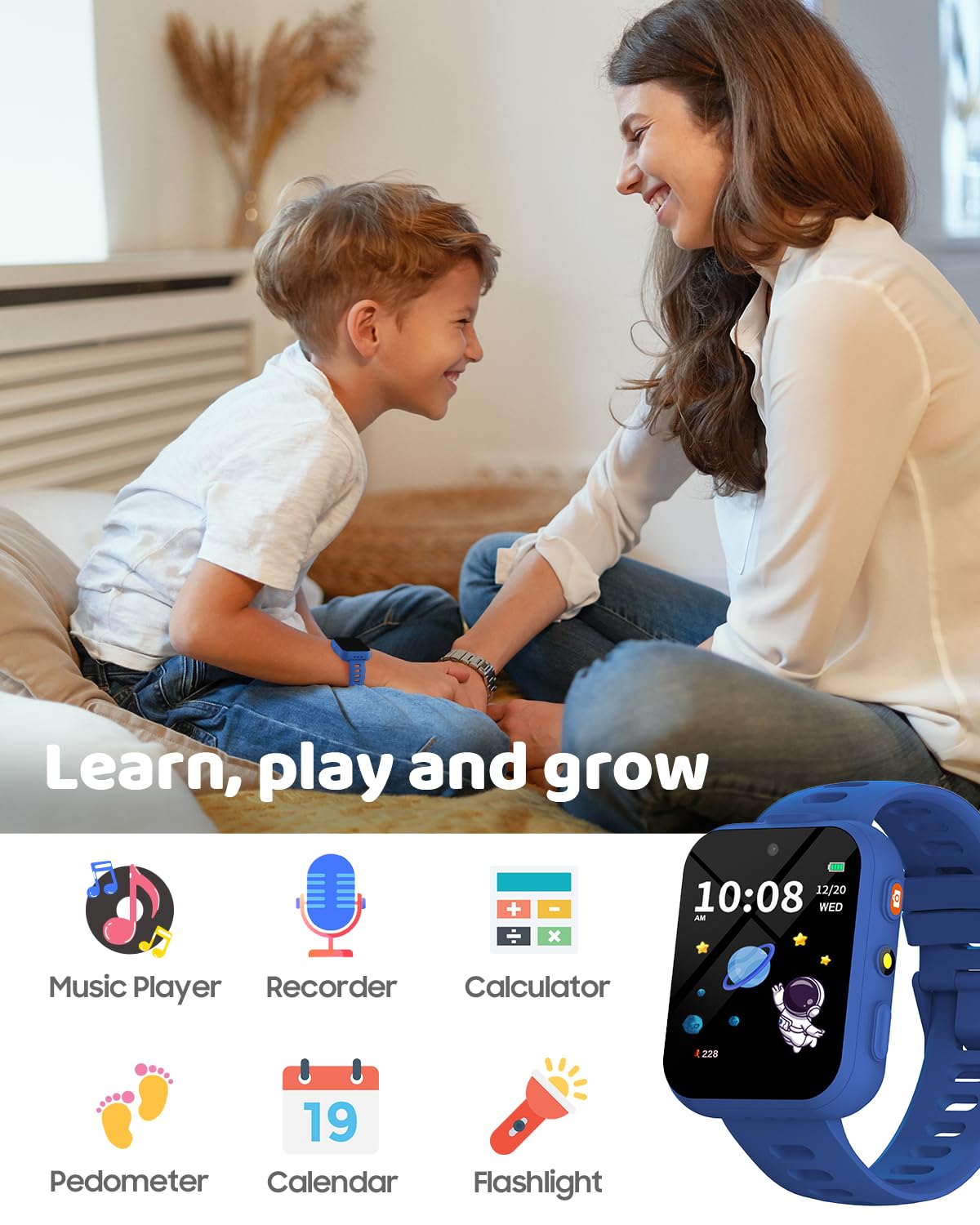 BIGGERFIVE Kids Smart Watch with Dual Camera - 30 Puzzle Games, Video Music Player, Audiobooks, Pedometer | Educational Learning Toy & Birthday Gift for Boys Girls Age 4-10 (Blue) | Perfect for School, Outdoor Play & Family Activities