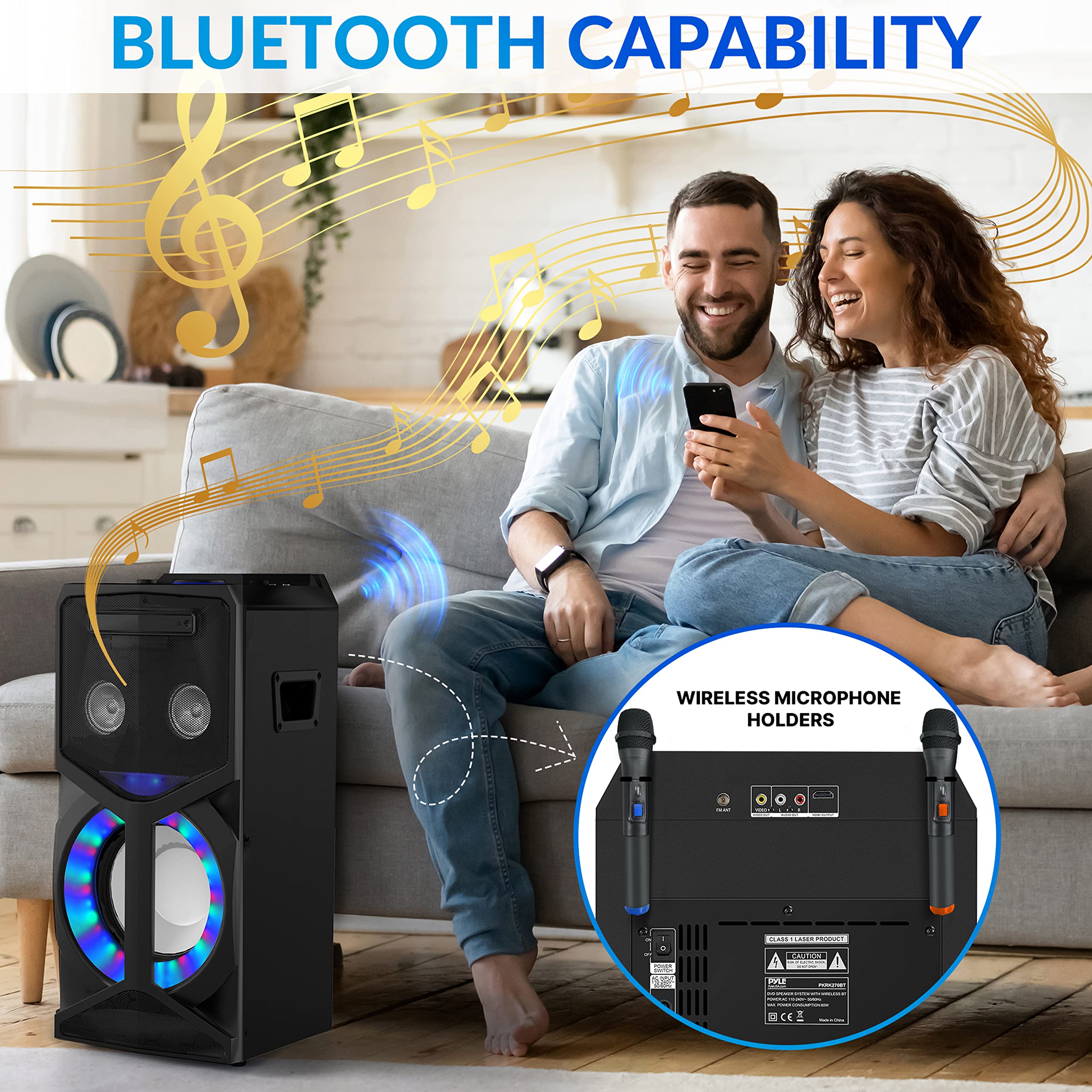 **Pyle 800W Bluetooth Karaoke PA Speaker System with DVD Player, 2 Wireless Mics, FM Radio, USB, LED Display & Remote - Perfect for Home Parties, Events & Outdoor Gatherings**