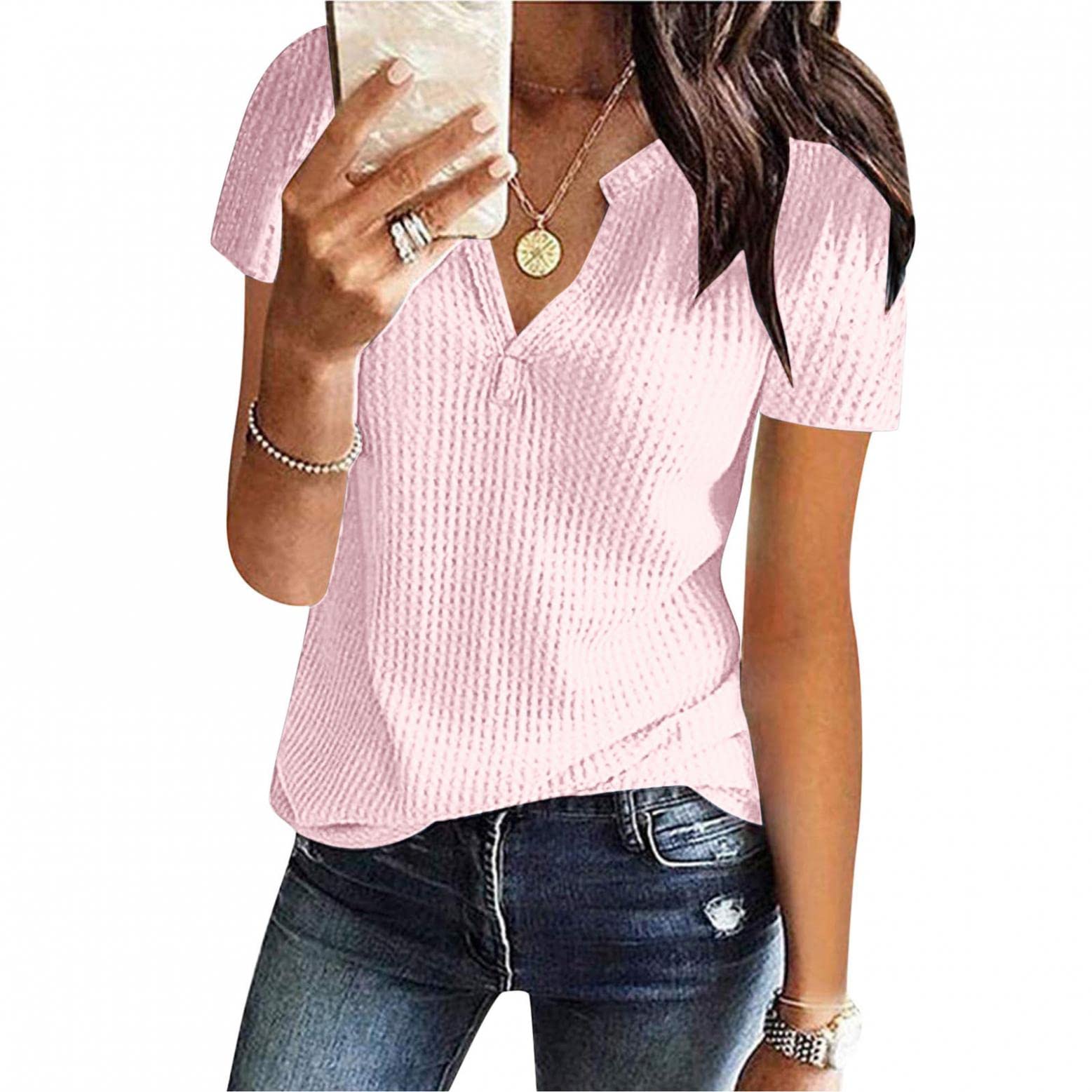 Women's Summer Waffle Knit Short Sleeve Tunic Top - Casual V-Neck Henley Blouse - Plus Size Loose Fit Shirt - Perfect for Beach, Vacation & Everyday Wear