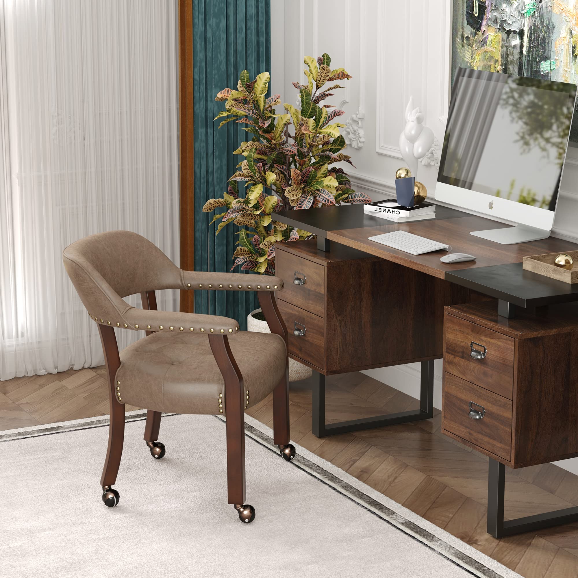High Back Rolling Dining Chair with Casters - Light Wheat 1533LT | Captain's Chair with Wheels for Kitchen Table, Dinette Sets & Poker Games | Comfortable Mobile Chair for Home, Office & Restaurant Use