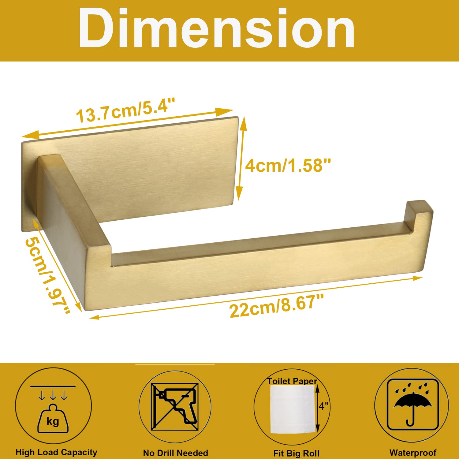 Stainless Steel Self-Adhesive Toilet Paper Holder - No Drilling Rustproof Bathroom Tissue Roll Rack - Easy Install Brushed Gold - Perfect for Home, Office & Bathroom Organization