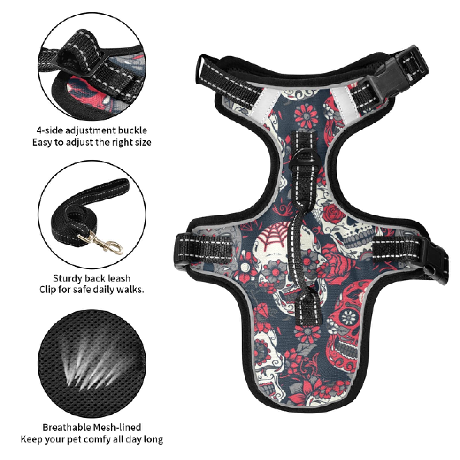 Xigua Skull Dog Harness - No Pull Reflective Pet Vest for Small & Medium Dogs with Nylon Handle | Breathable & Durable for Walking, Running & Outdoor Adventures