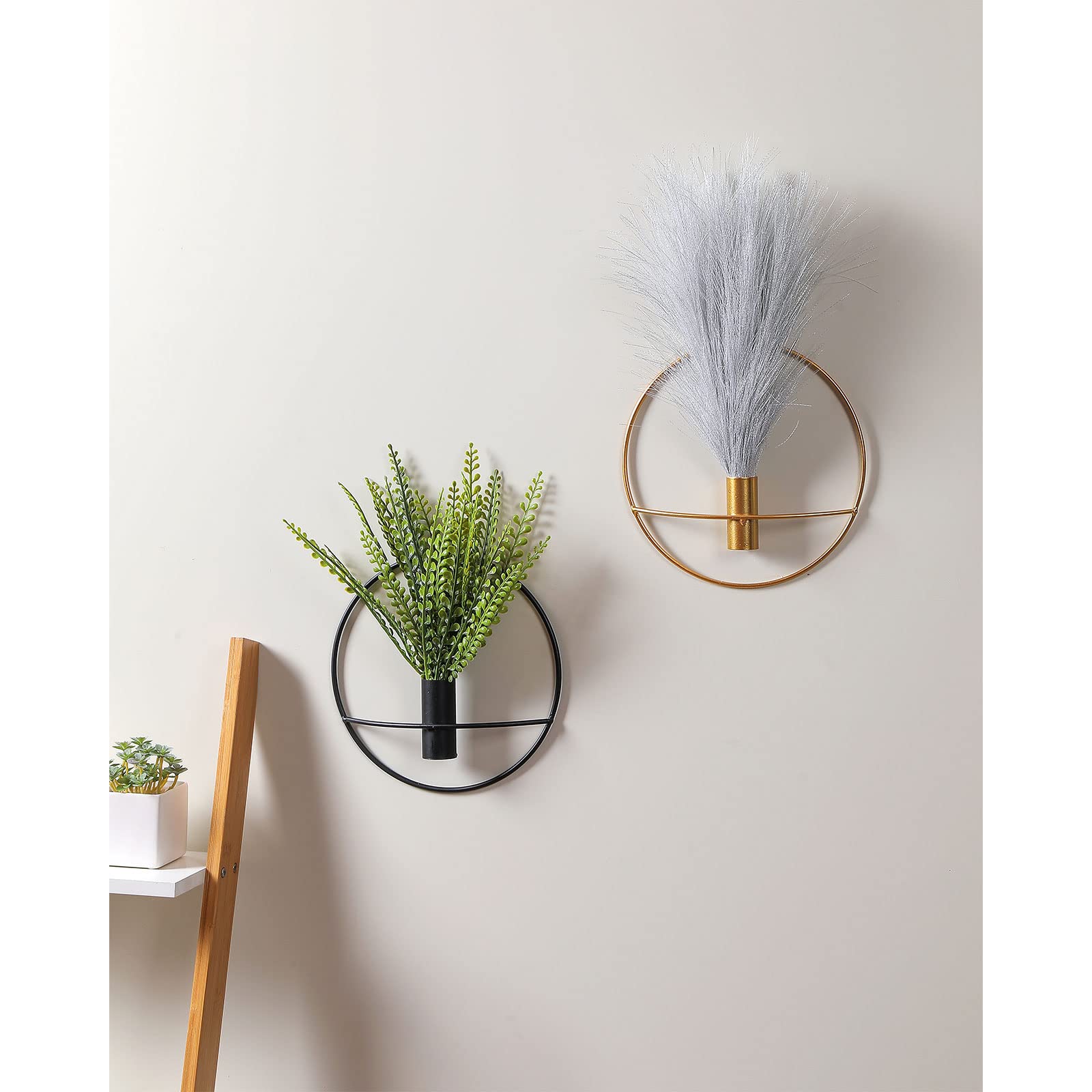 Pretty Jolly Wall Decor - 2 Pack Black Metal Vase Wall Art with Artificial Flowers & Fake Wheat Greenery - Farmhouse & Boho Style Home Decoration for Living Room, Bedroom, or Office