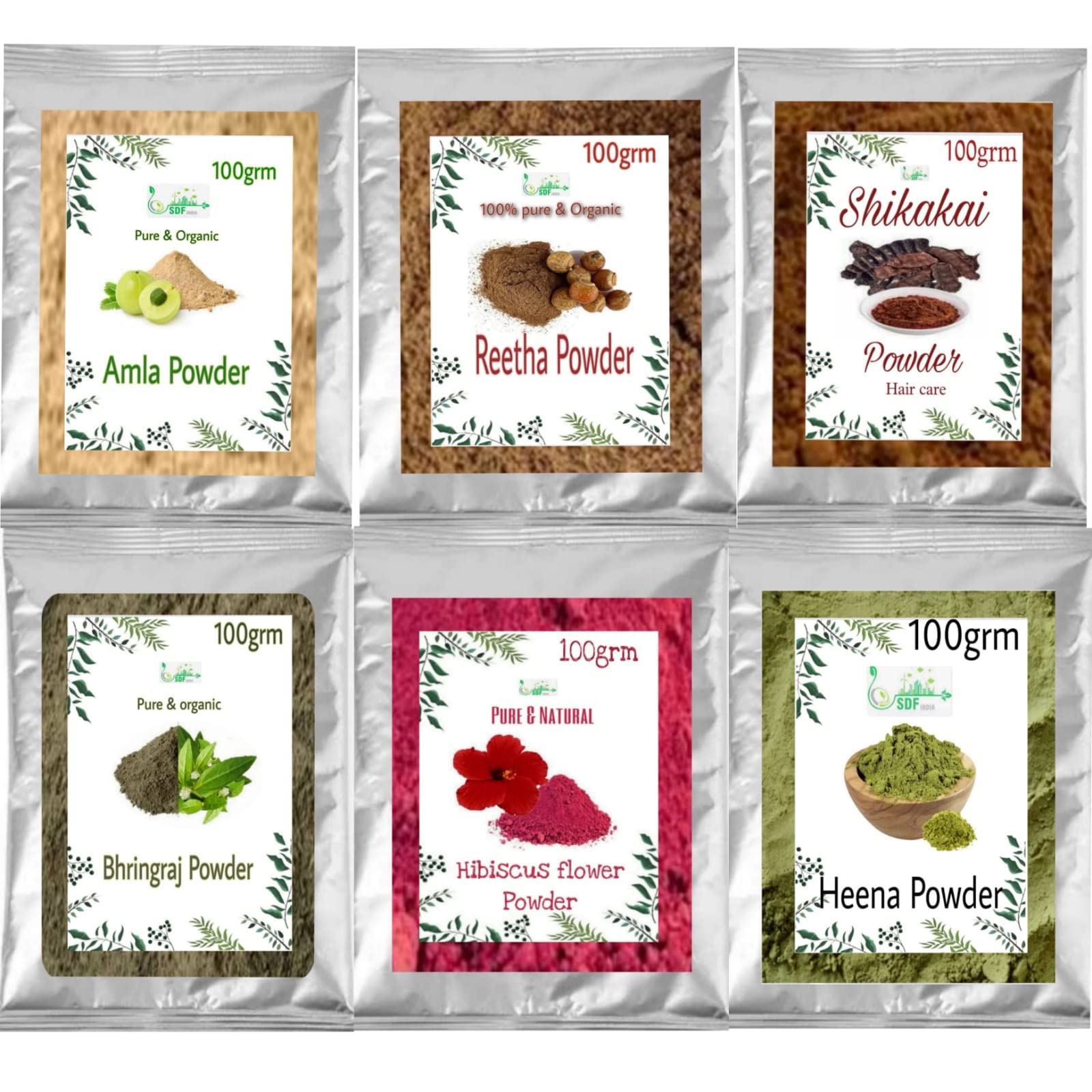 100% Pure Amla Powder, Reetha Powder, Shikakai Powder, Hibiscus Powder, Bhringraj & Henna Leaf Powder - 600g Natural Hair Treatment & Hair Pack for Growth, Shine & Scalp Care | DIY Ayurvedic Hair Masks & Herbal Remedies