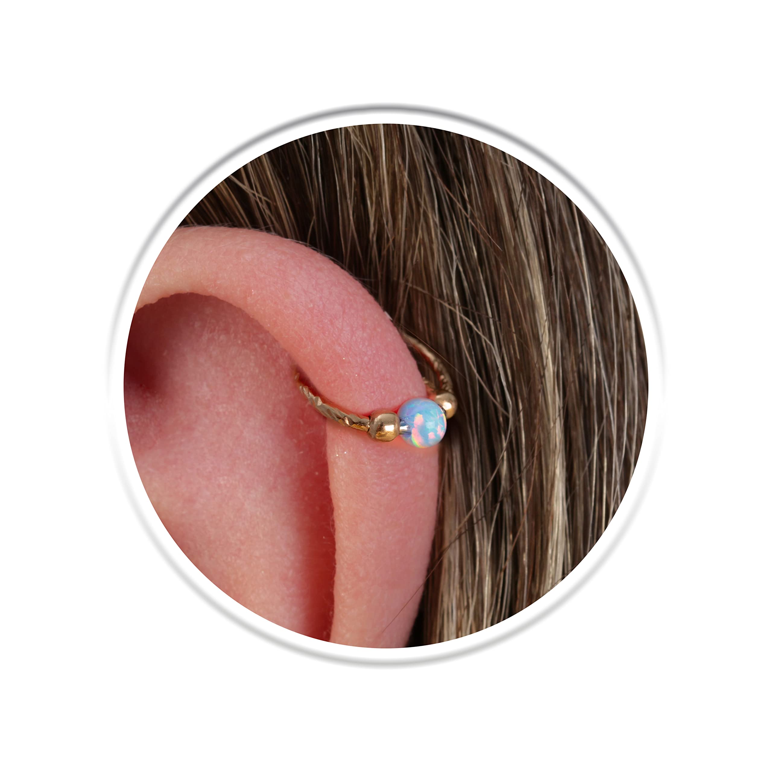 14K Gold Filled Hammered Helix Ring Hoop with Blue Opal - 20 Gauge Cartilage Earring for Ear Piercing - Perfect for Everyday Wear, Gifts & Boho Style