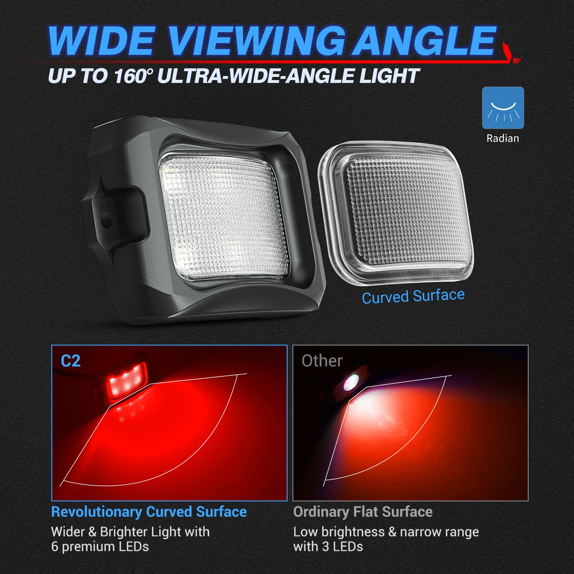 MICTUNING C2 Curved Red LED Rock Lights - 4 Pods Underglow Kit for Cars, Trucks, Offroad Vehicles, ATV, UTV, Boats | Waterproof Off-Road Lighting for Night Driving, Car Shows & Underbody Decoration