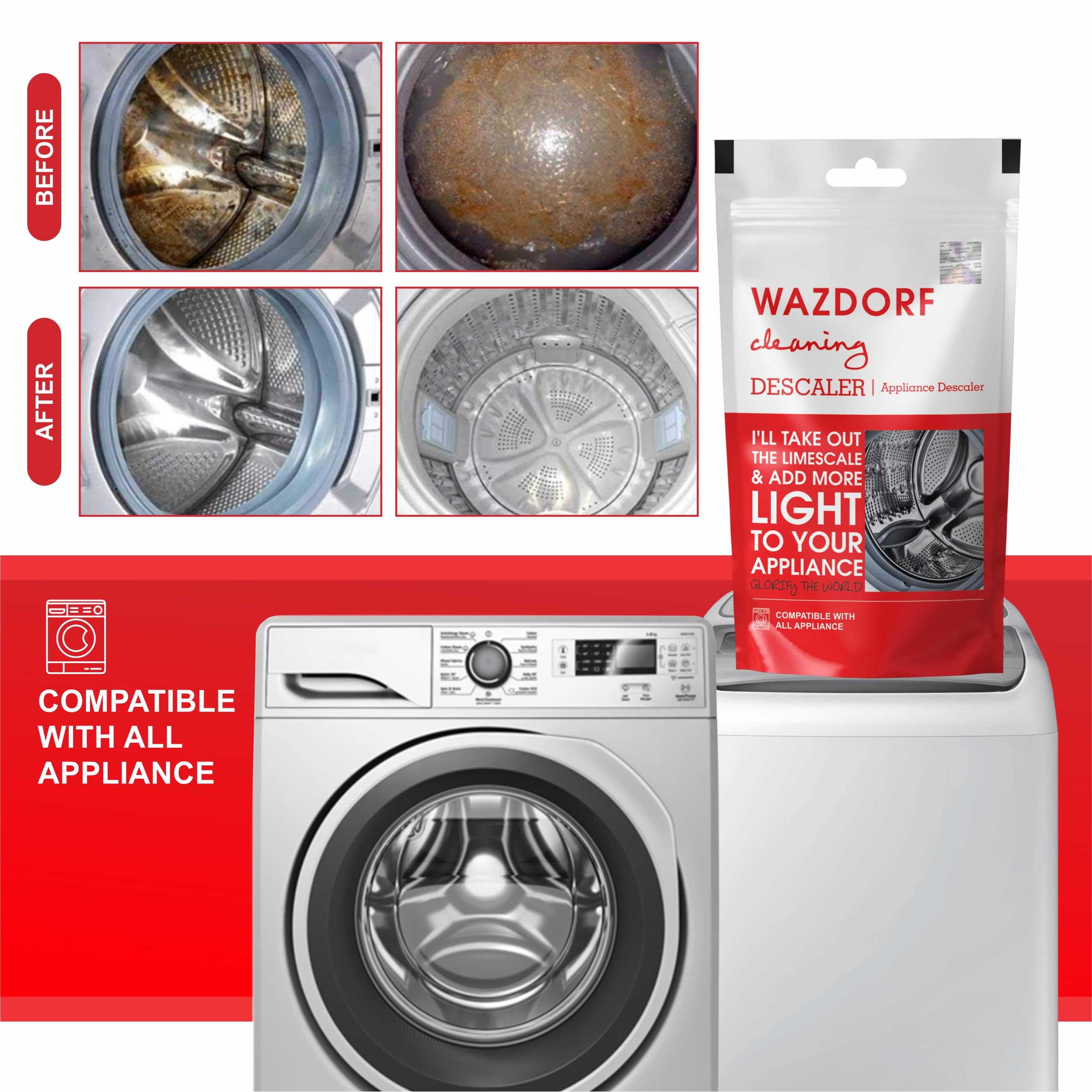 Washing Machine Cleaner & Descaler Powder - Front Load & Top Load Washer Detergent, Drum Cleaner (100g x 4 Pack) | Removes Odor, Mold & Limescale | For HE, Standard & Portable Washing Machines