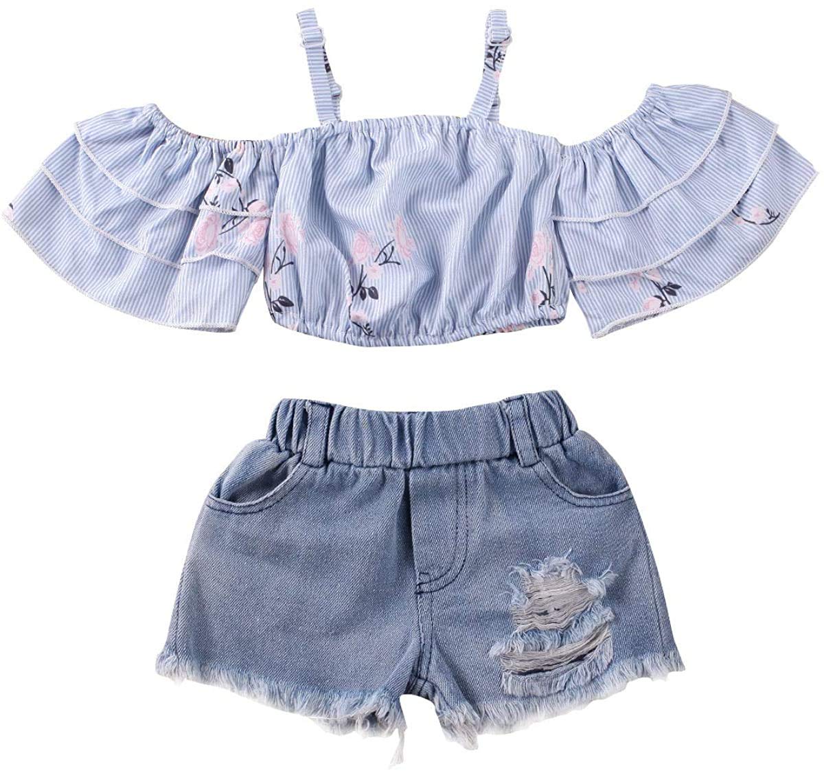 Boho Sunflower Crop Top & Distressed Denim Shorts Set for Toddler Girls - Summer Outfit for Playdates, Beach Trips & Outdoor Adventures
