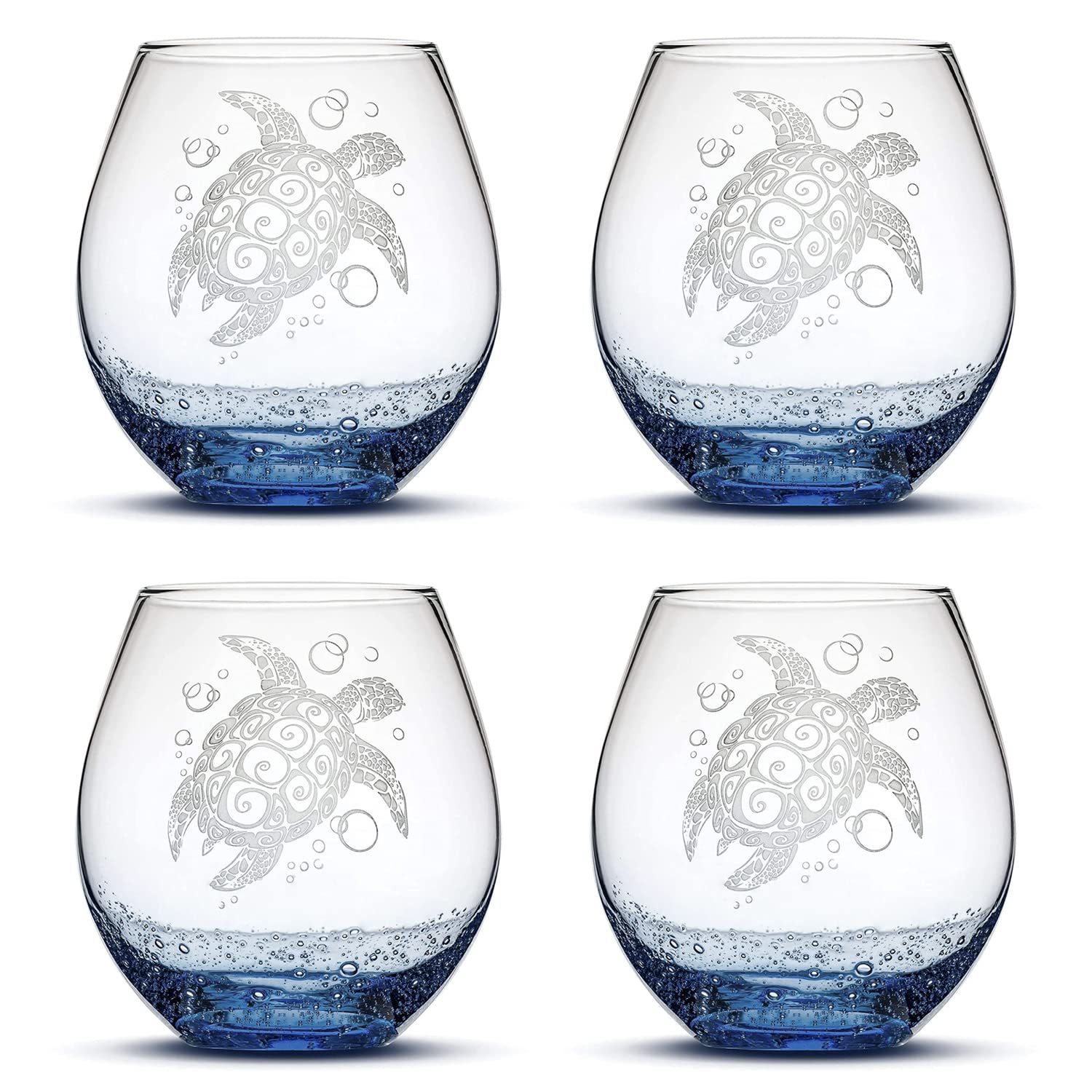 Handmade Tribal Sea Turtle Stemless Wine Glasses Set of 4 - 18oz Handblown & Sand Carved Glassware - Perfect for Beach Parties, Wedding Gifts & Home Decor (Bubbly Blue)