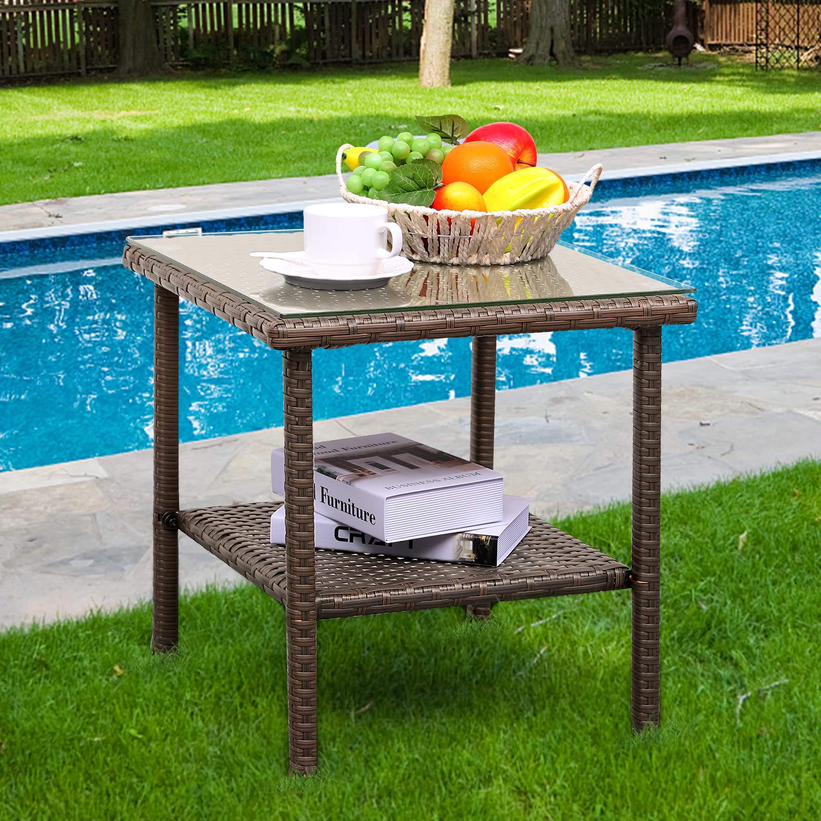 Valita Outdoor Wicker Glass Top Side Table - Square Metal Garden Tea Table with Storage Shelf, Brown - Perfect for Patio, Balcony, and Poolside Decor