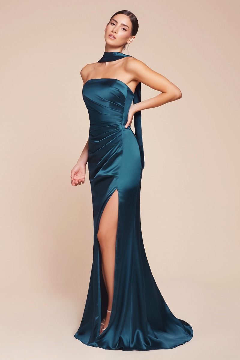 Nicolette Strapless Luxe Satin Gown with Sash - French Navy Blue Formal Evening Dress for Prom, Wedding & Special Occasions