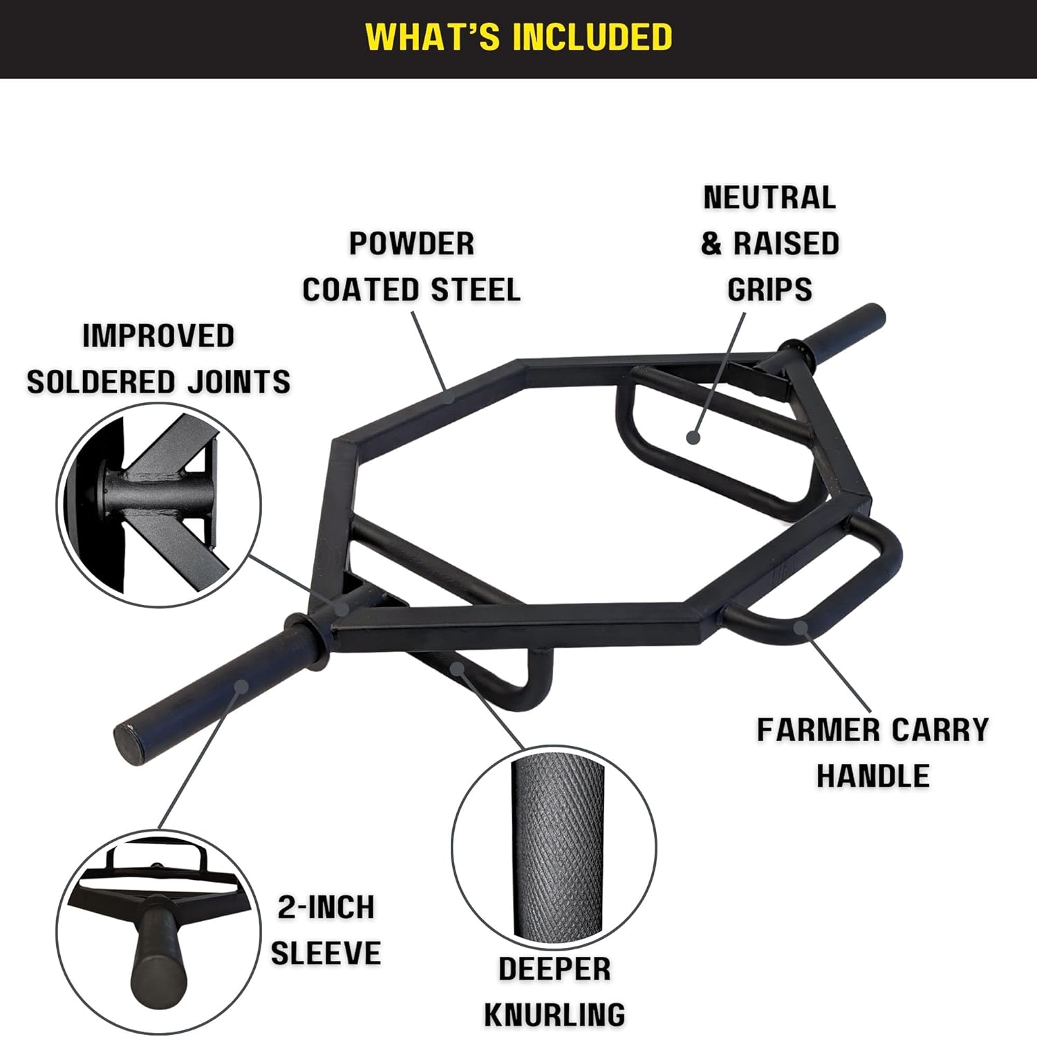 HulkFit 2 Inch Closed Hex Shaped Trap Bar - 500lb Weight Capacity for Deadlifts, Squats & Strength Training | Home Gym & Commercial Use