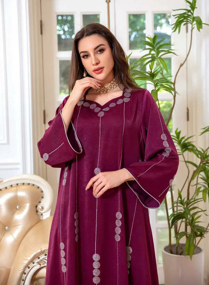 Elegant Hotfix Rhinestone Satin Jalabiya Caftan Dress for Women - Perfect for Eid Celebrations, Weddings & Special Occasions