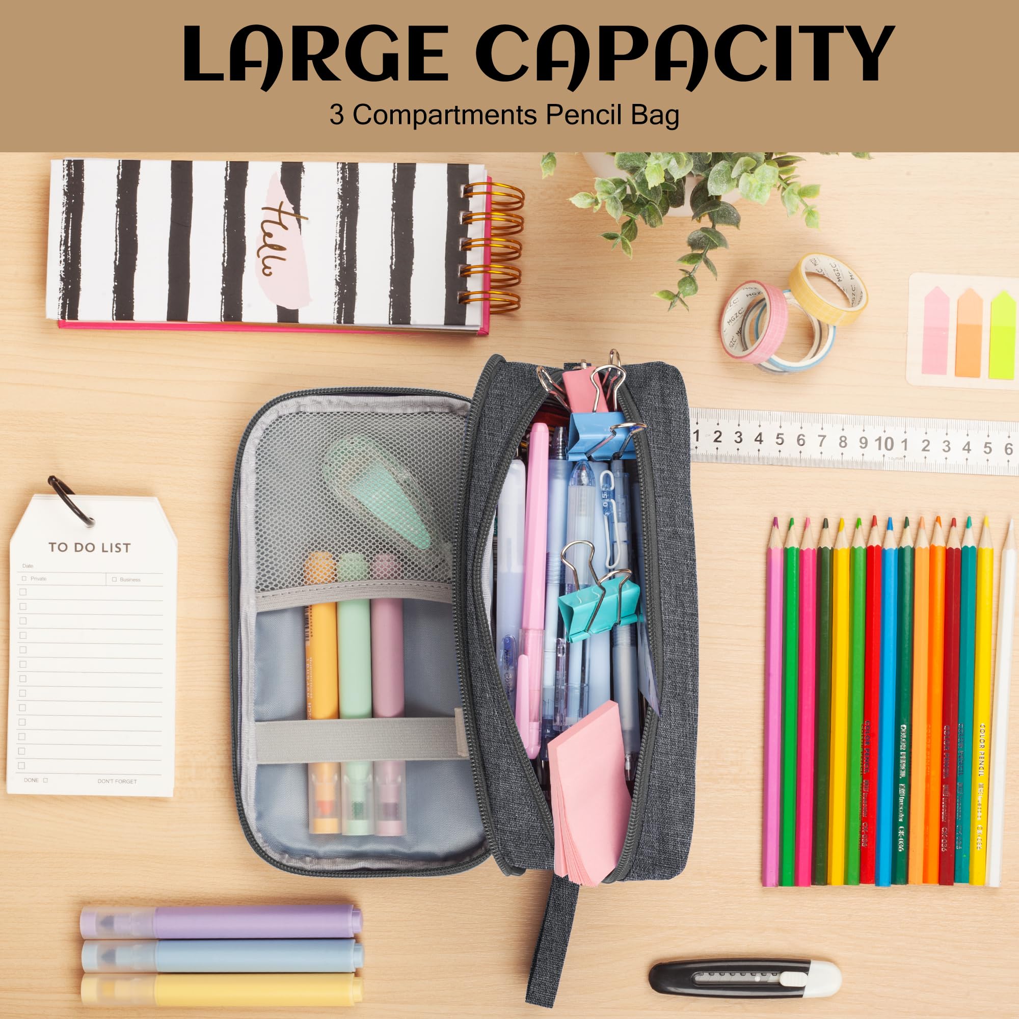 Large Capacity Pencil Case with 3 Compartments - Durable Zipper Pen Pouch for School, Office & Travel - Perfect Organizer for Markers, Pens & Stationery (Ideal for Students, Kids & Adults) - Great for Backpacks, Desks & On-the-Go Use