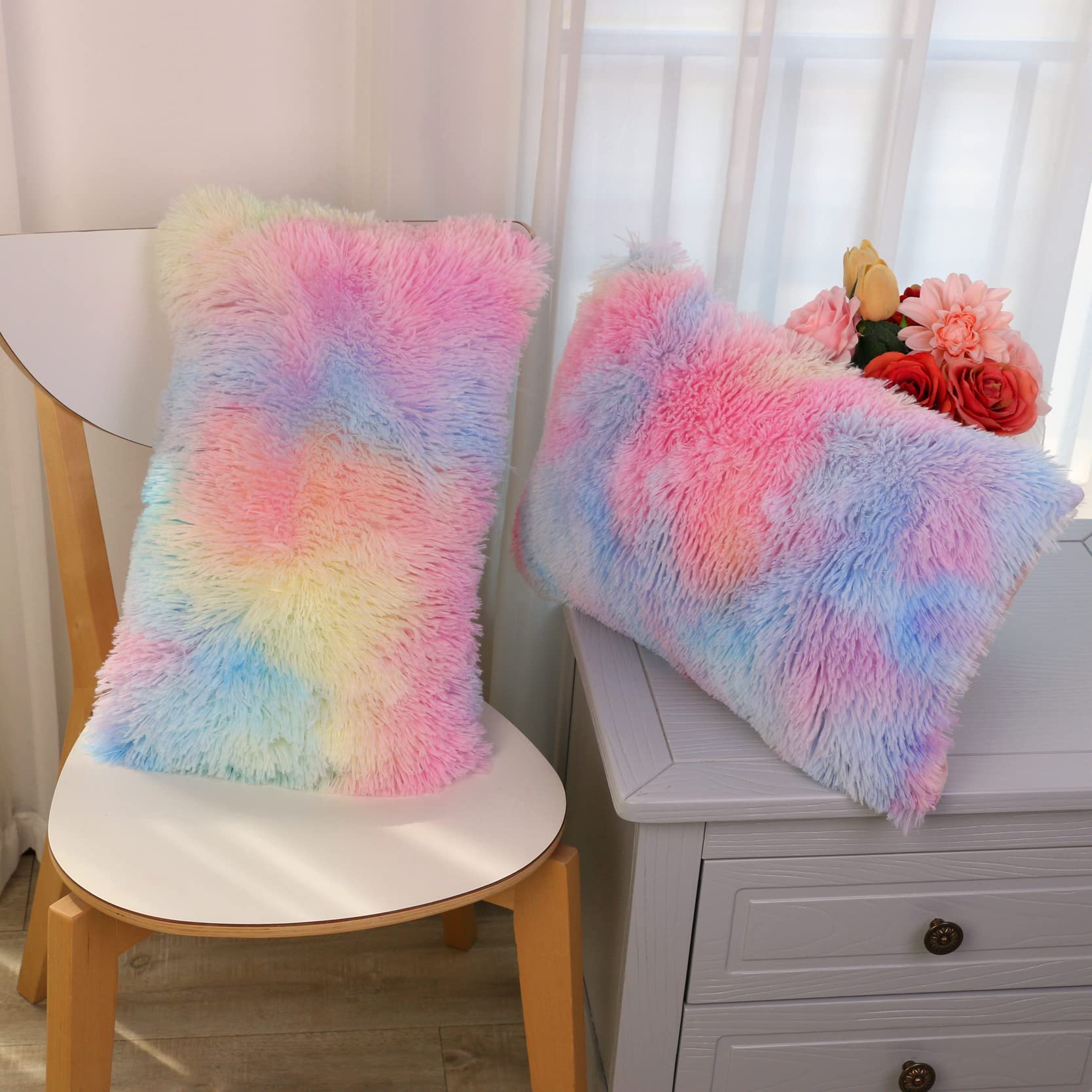 Soft Faux Fur Throw Pillow Covers - Pack of 2 Peach Blush Plush Decorative Tie Dye Pink Cushion Cases for Sofa, Couch, Living Room & Bedroom - 12x20 Inches - Perfect for Home Decor, Cozy Reading Nook & Instagram-Worthy Accents