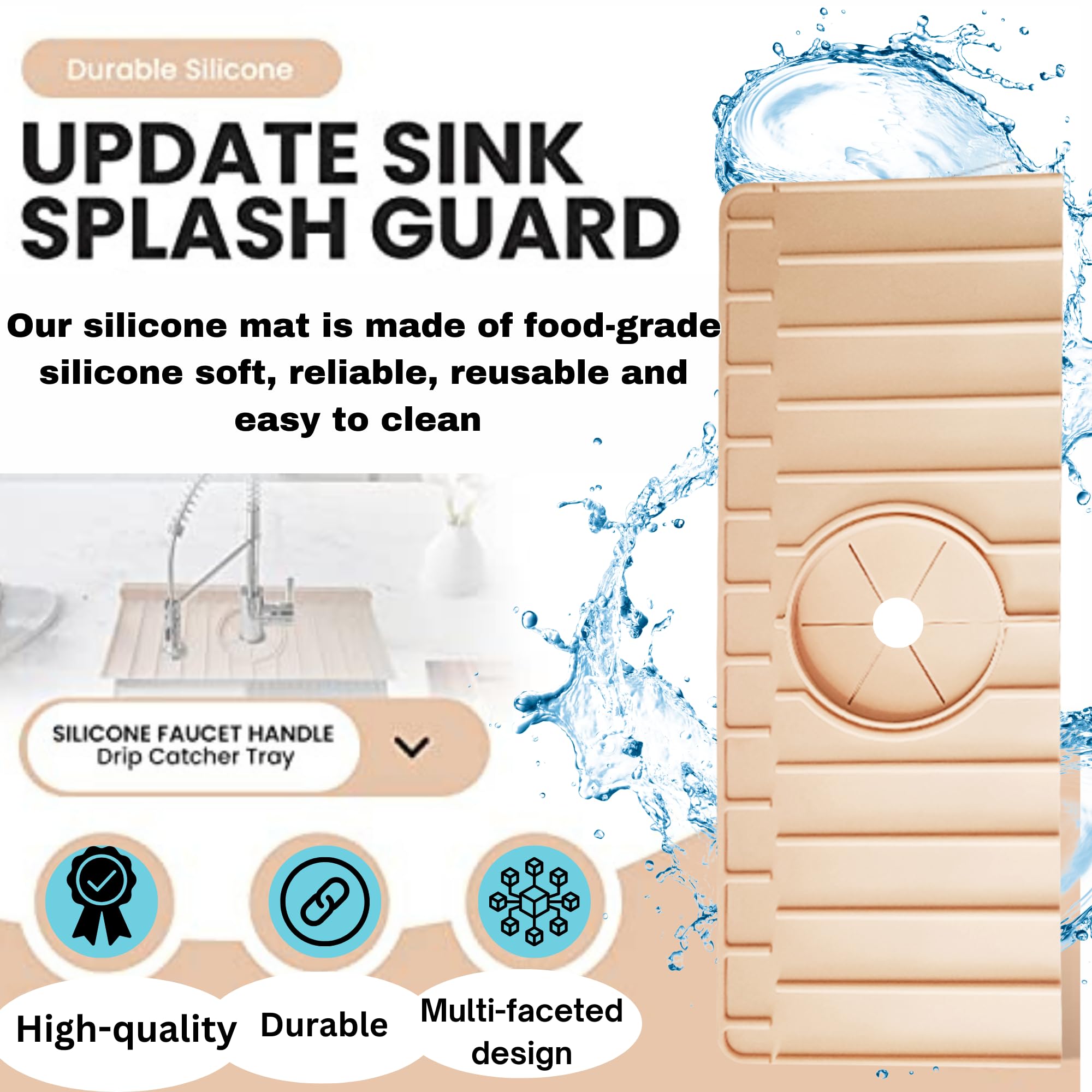 **Silicone Kitchen Faucet Splash Guard & Drip Catcher Tray - Non-Slip Sink Mat Protector for Leak Prevention - Perfect for Stainless Steel Sinks, Dishwashing & Countertop Protection**