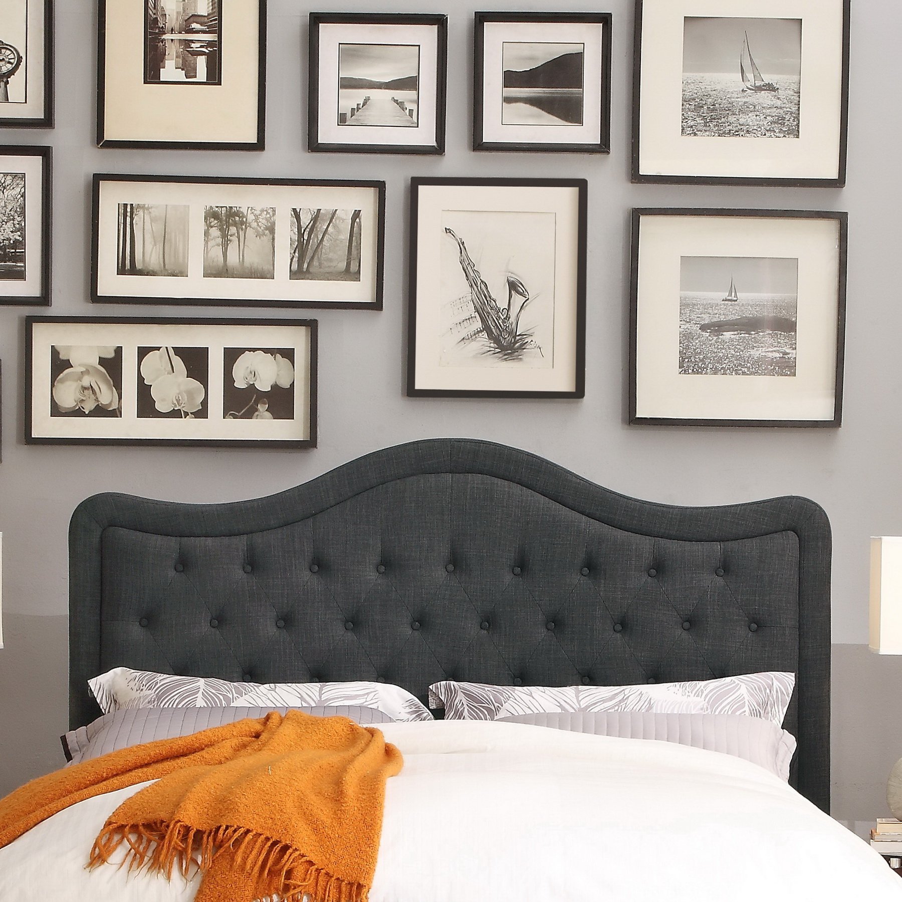 Rosevera A3H Niana Adjustable Fine Linen Upholstered Headboard with Button Tufting - Full Size Bed Frame Headboard in Charcoal Wave for Bedroom Decor, Living Room or Guest Room