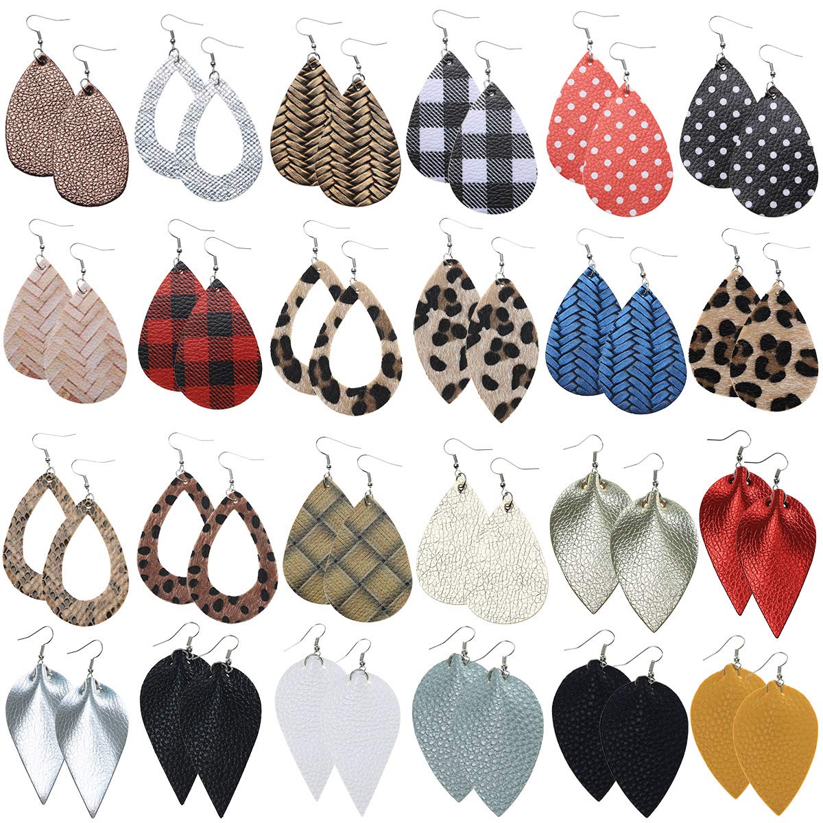 24 Pairs Faux Leather Earrings Bulk for Women & Girls - Lightweight Teardrop & Leaf Dangle Earrings Set | Perfect for Parties, Weddings & Everyday Wear