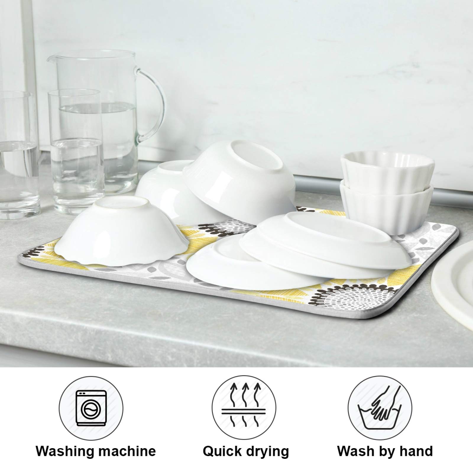 Sunflower Dish Drying Mat - Absorbent Microfiber Kitchen Counter Mat (16x18 Inch) for Dishes & Utensils