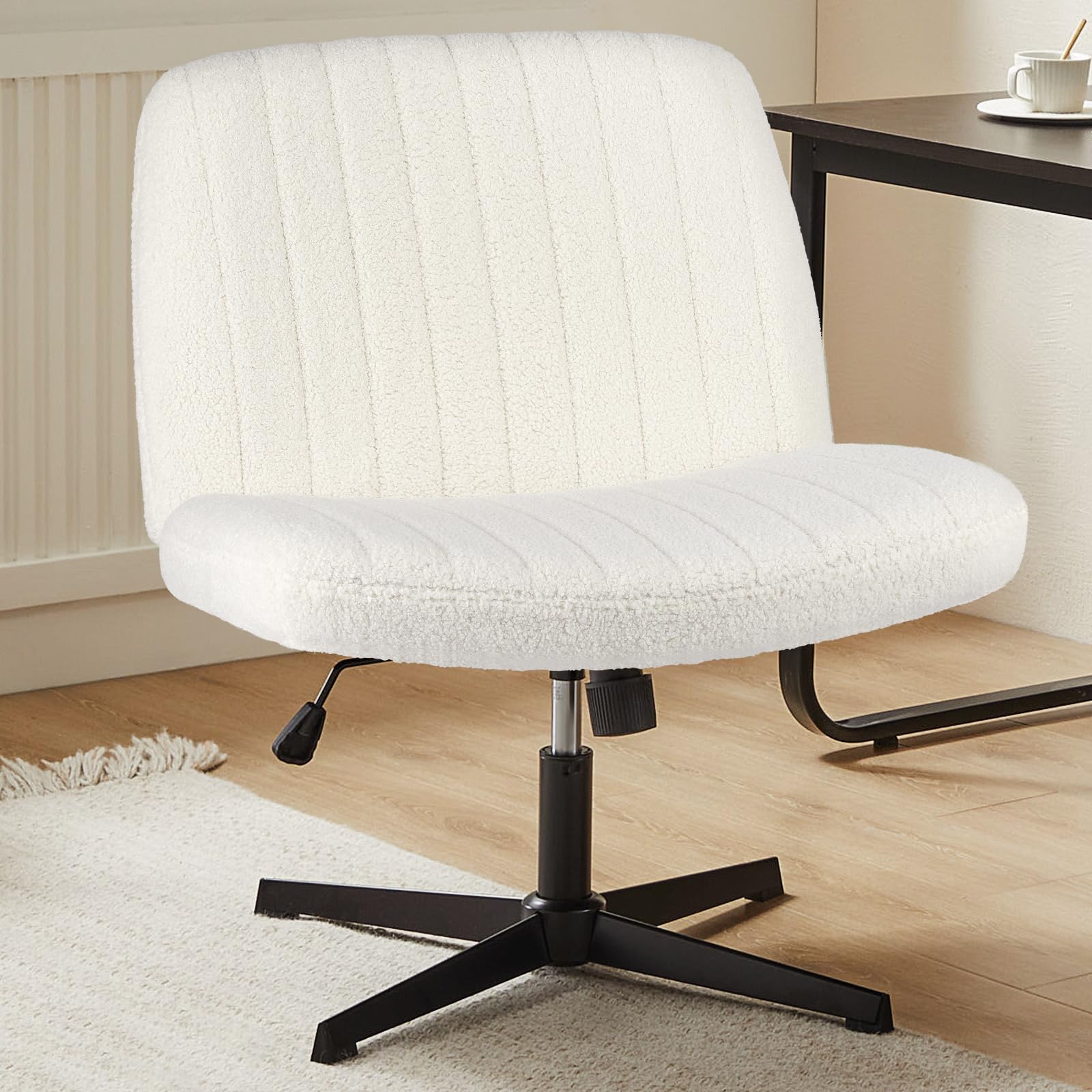 Sweetcrispy Criss Cross Chair Legged Armless Office Desk Chair - No Wheels, Swivel Vanity Chair with Height Adjustable Wide Seat - Modern Fabric Computer Task Chair for Home Office, Dressing Room & Workspace (White)
