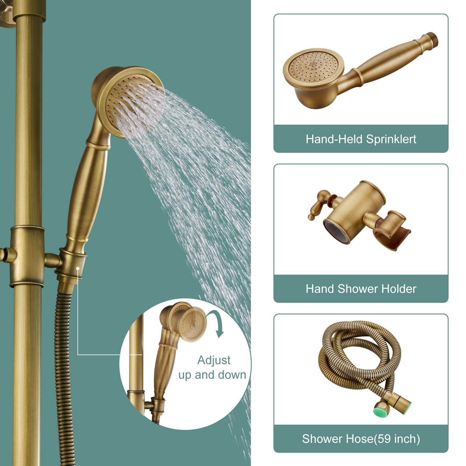 Vintage Brass Exposed Pipe Shower System - 8 Inch Rainfall Shower Head & Handheld Sprayer Combo Set with Single Handle - Dual Function Bathroom Faucet for Luxurious Spa Experience