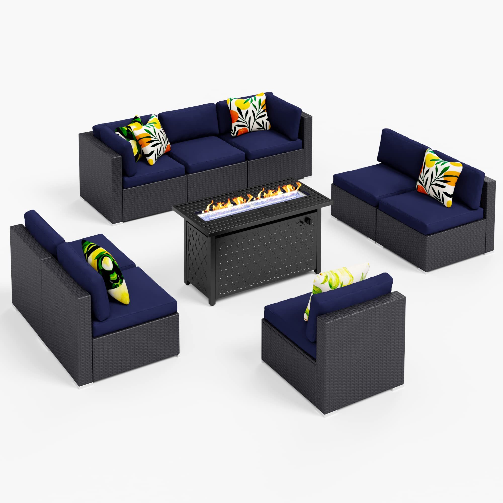 Outdoor Patio Furniture Set with Gas Fire Pit Table - 8-Piece Wicker Rattan Sectional Sofa Set, 45