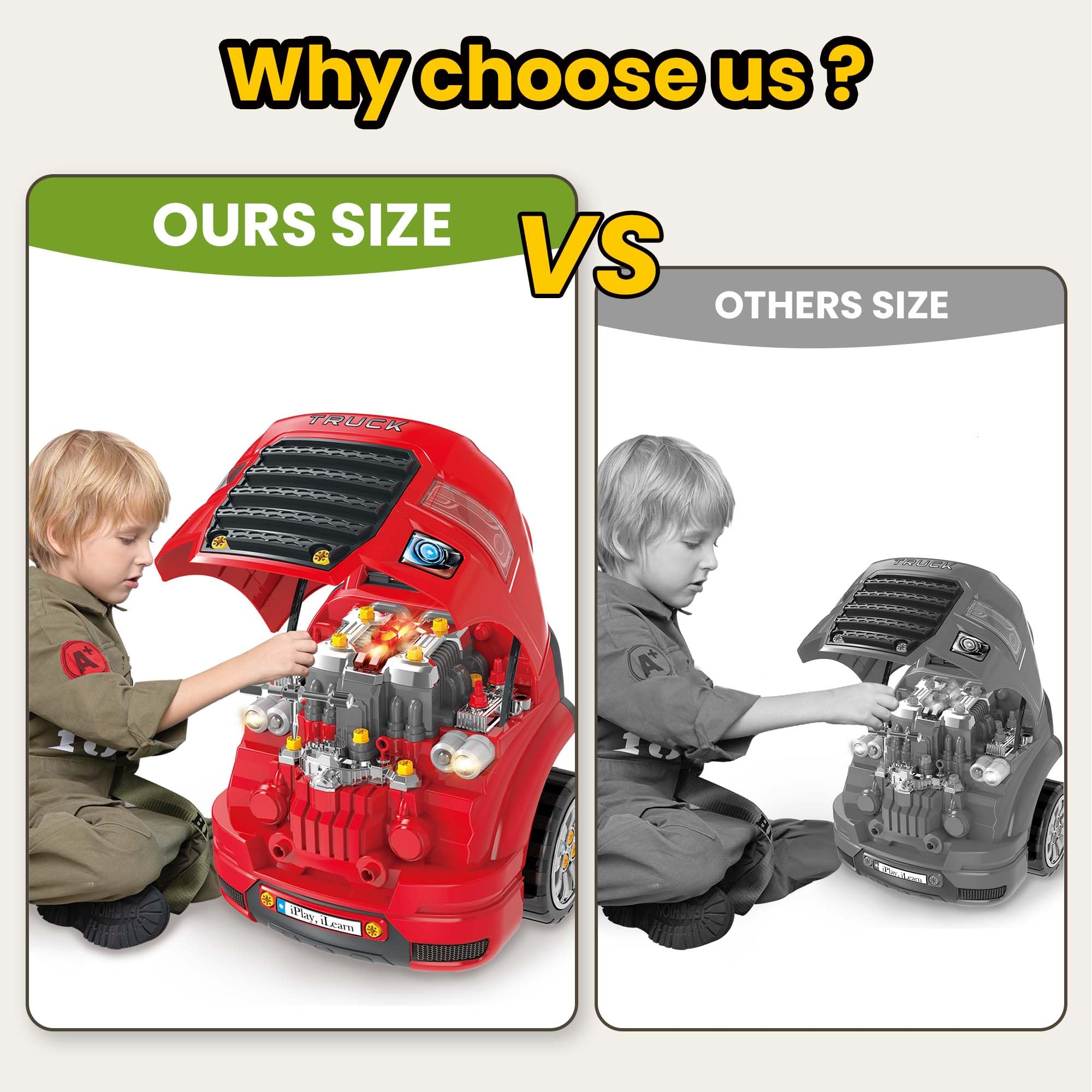 iPlay iLearn Large Truck Engine Toy for Kids - Take Apart Mechanic Repair Set, Pretend Play Car Service Station for Toddlers Ages 3-8 - Educational STEM Building Kit for Boys & Girls - Perfect Birthday Gift & Learning Toy for Preschoolers (Great for Role Play, STEM Learning & Motor Skill Development)