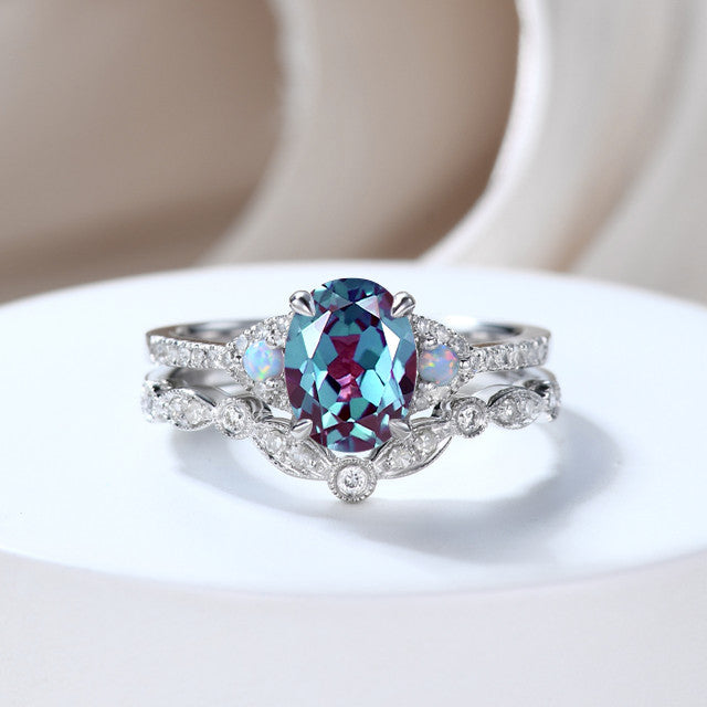 Art Deco Alexandrite Silver Ring Set with Curved Moissanite & Diamond - Oval Cut Wedding Band Jewelry for Engagement, Anniversary & Special Occasions