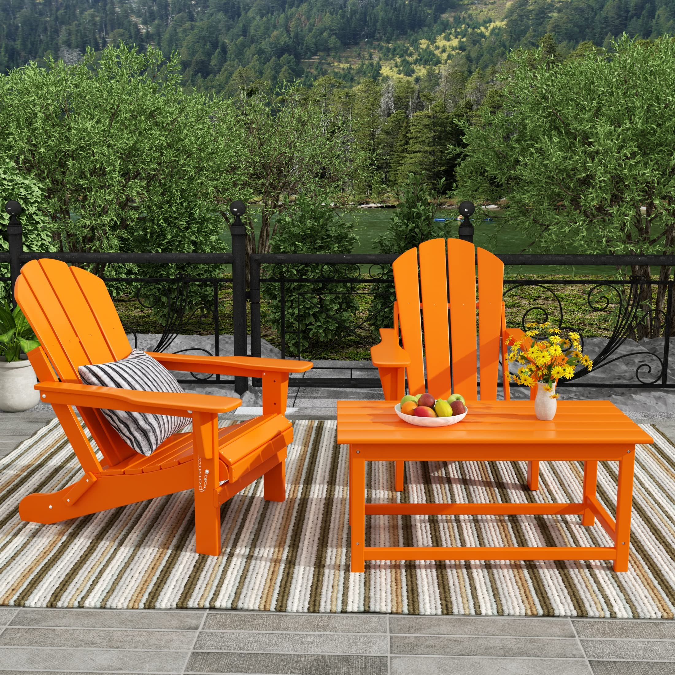WestinTrends Malibu 3-Piece Outdoor Patio Furniture Set - All-Weather Plastic Adirondack Chairs (Set of 2) with Coffee Table for Porch, Lawn & Backyard - Orange | Perfect for Outdoor Relaxation, Garden Decor & Poolside Lounging