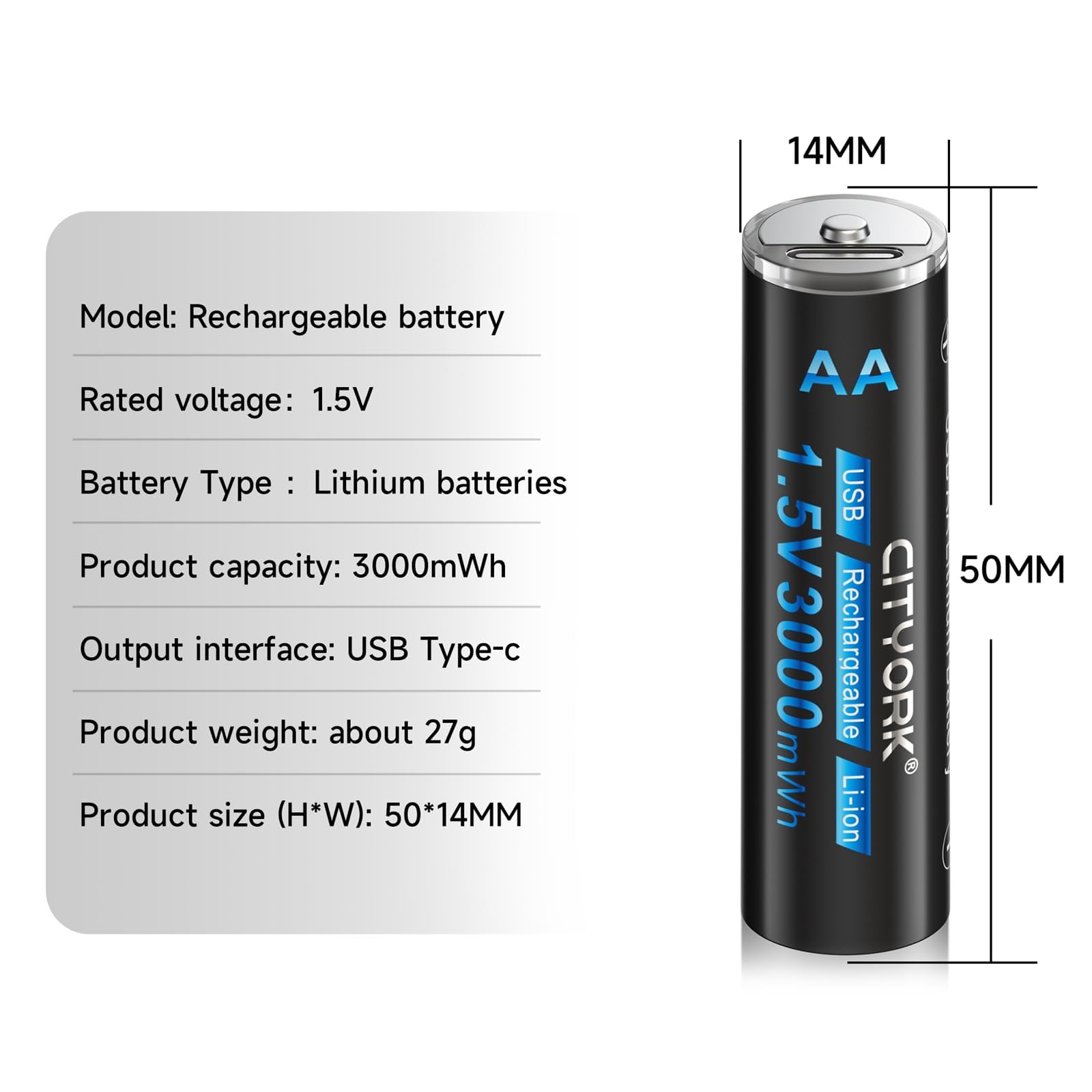 CITYORK 8 Pack USB AA 3000mWh Rechargeable Lithium Batteries with 4 Bay Fast Charger - 1.5V Li-ion Battery Set Includes 4-in-1 Type-C Cable - Perfect for Cameras, Game Controllers, Flashlights & Wireless Devices