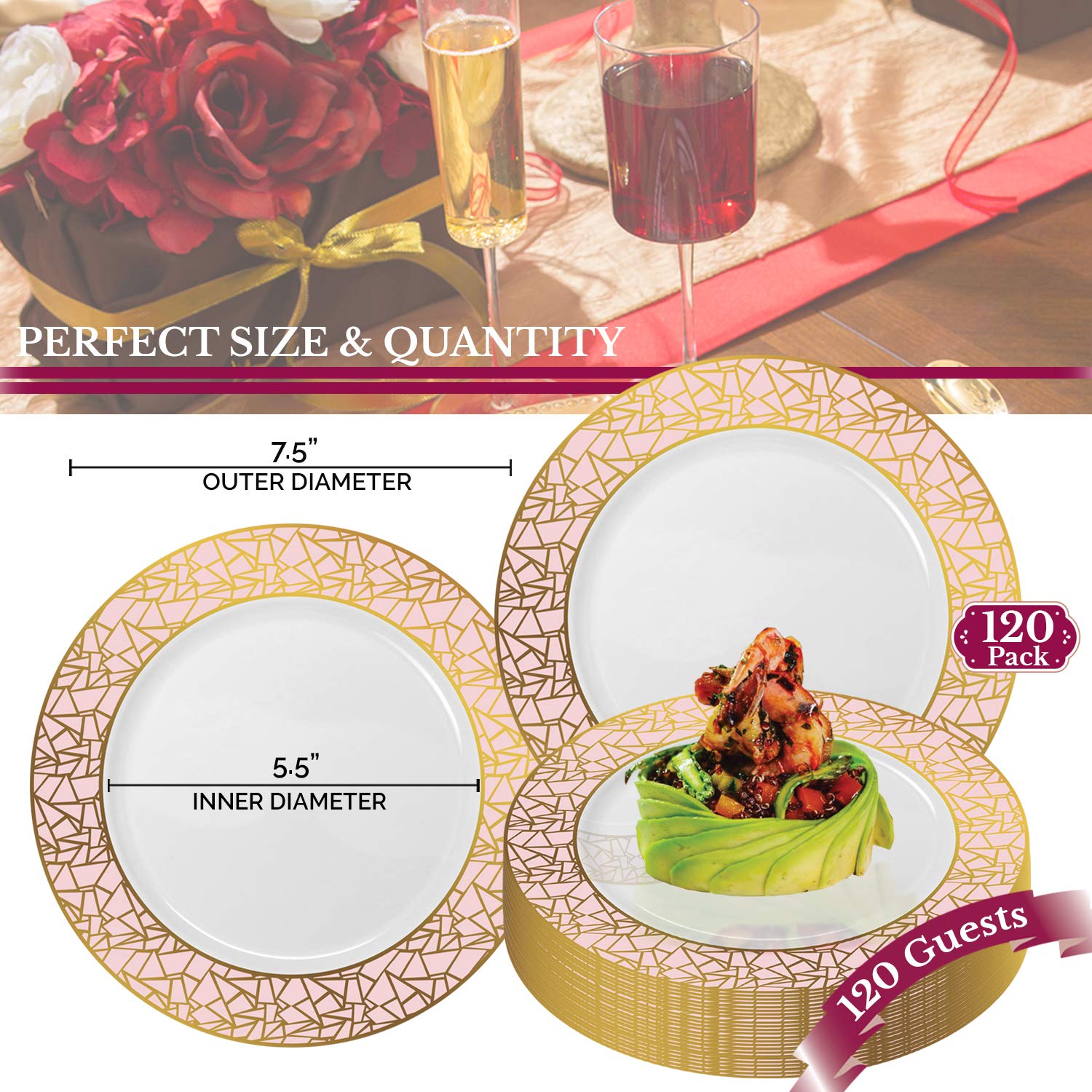Elegant Disposable Plastic Dessert Plates 120 Pcs - 7.5 Inch Heavy Duty Salad Plates - White with Pink & Gold Mosaic Rim Appetizer Plates for Wedding, Birthday Party, Catering & Events - Perfect for Desserts, Salads, Appetizers & Party Serving