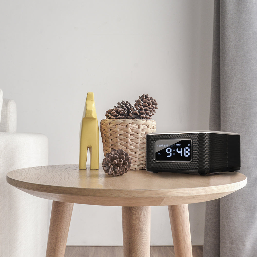 InstaBox W33 Wireless Charging Alarm Clock Radio with Dual Bluetooth Speakers - Fast Qi Charging, FM Radio, LED Display for Bedroom, Office & Travel