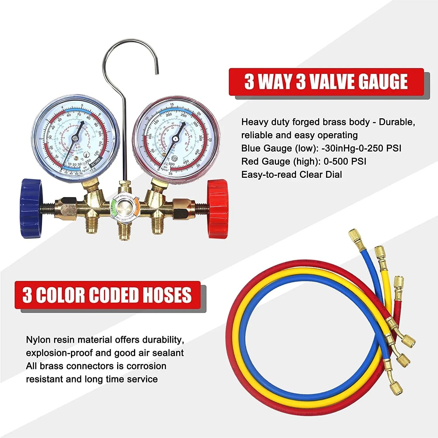 Professional HVAC Manifold Gauge Set for R12 R22 R404A R134A Refrigerants - AC Refrigeration Diagnostic Tool Kit with 1/4