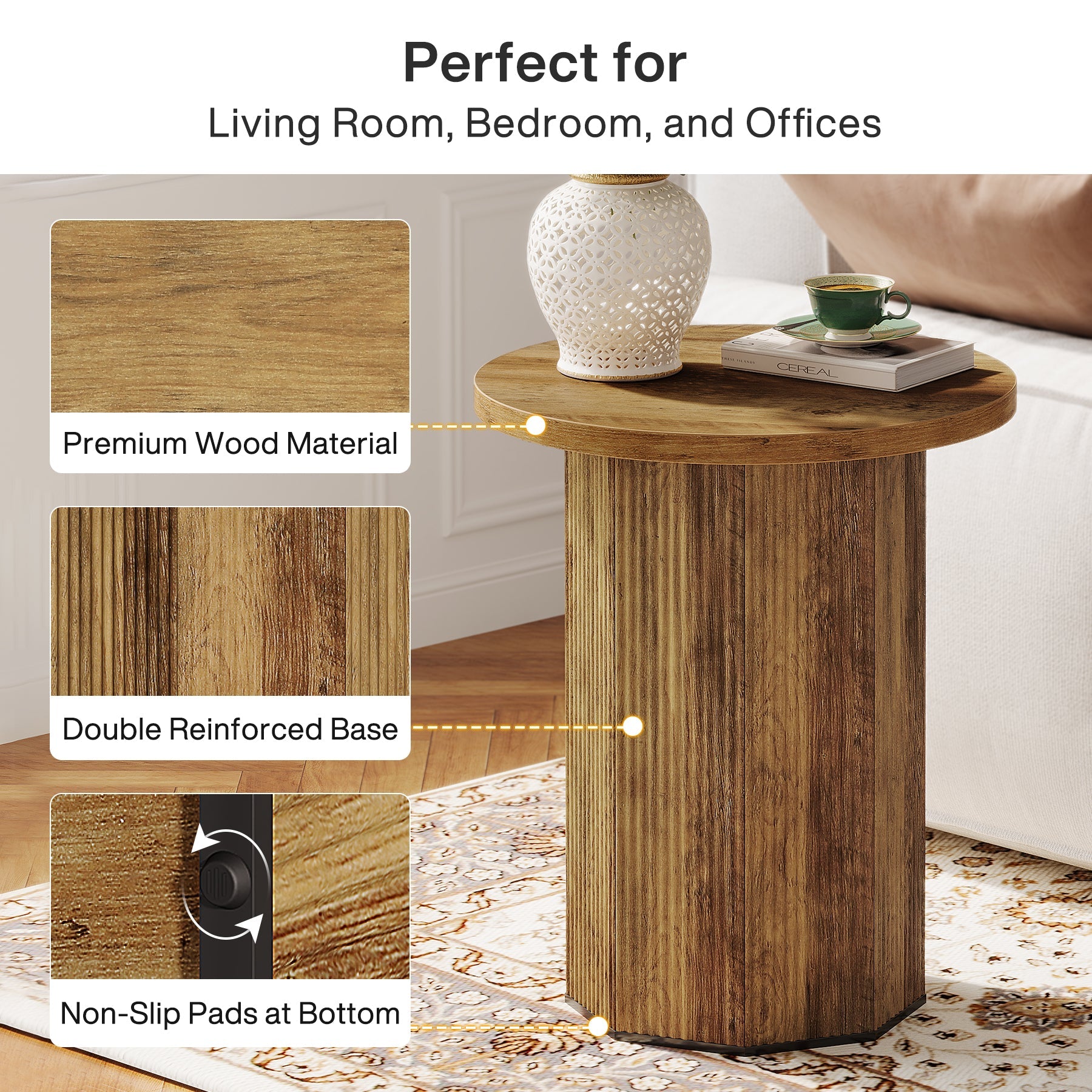 Round End Table with Stable Pedestal - Narrow Side Table & Nightstand for Living Room, Bedroom, or Office - Perfect for Small Spaces & Home Decor