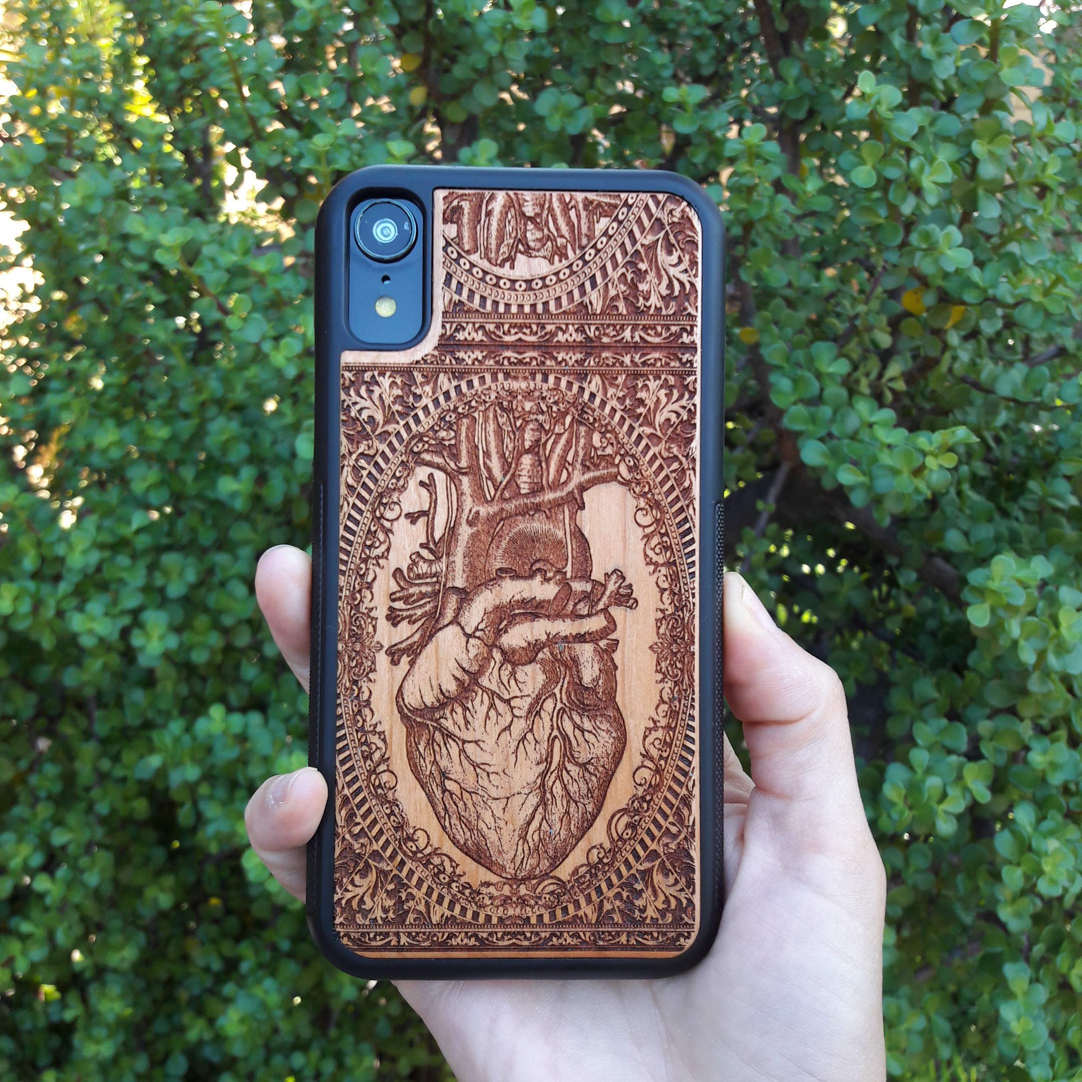 Human Heart Anatomy Laser Engraved Wood Phone Case - Compatible with iPhone 16/15/14/13/12/11 Pro Max/Mini & Galaxy S25/S24/S23/S22/S21/S20 Ultra Plus - Eco-Friendly Slim Durable Wooden Cover for Medical Students & Science Lovers