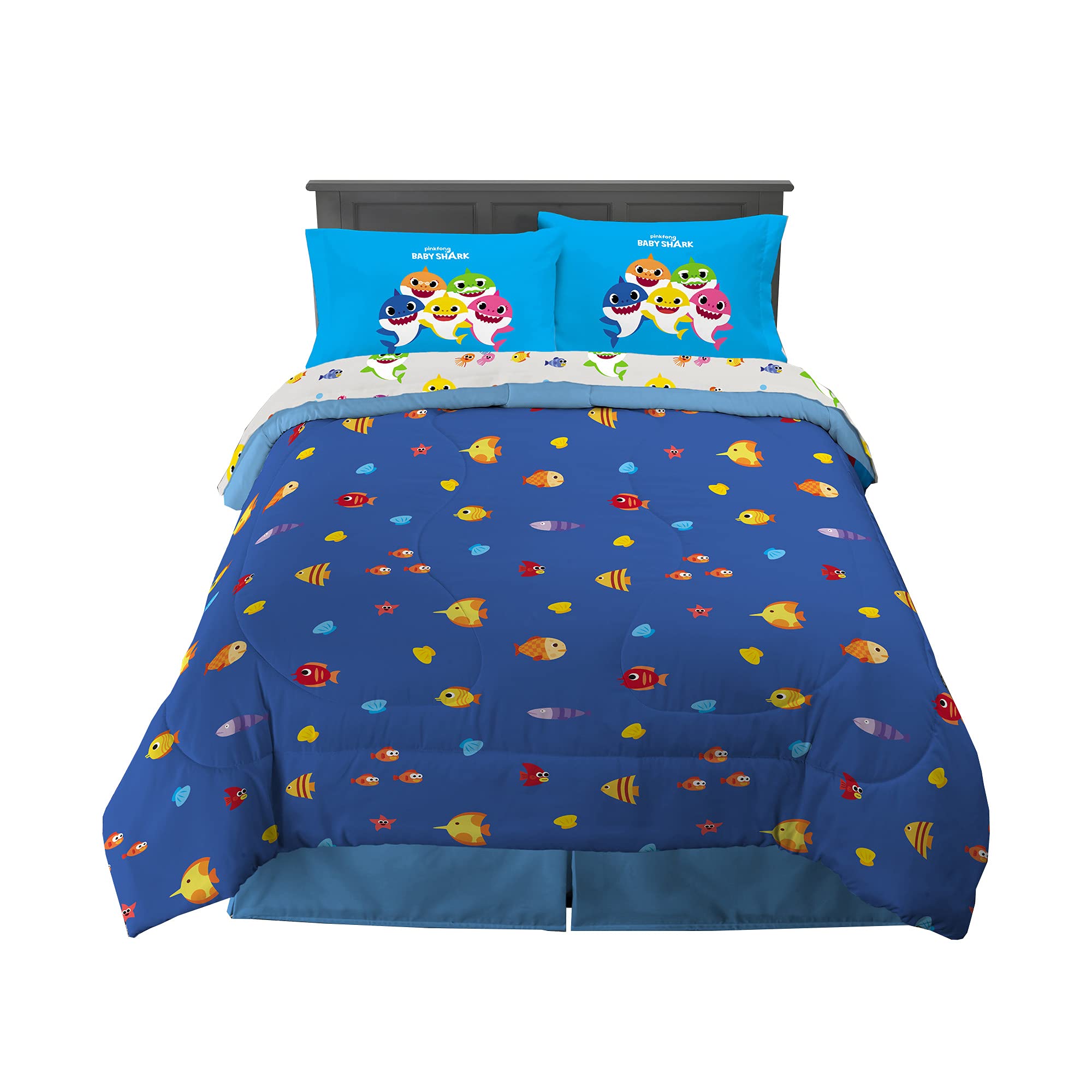 Franco Kids Bedding Set - Super Soft 5-Piece Full Size Comforter & Sheet Set with Baby Shark Design | Perfect for Toddler Beds, Nursery Decor & Shark-Themed Bedrooms