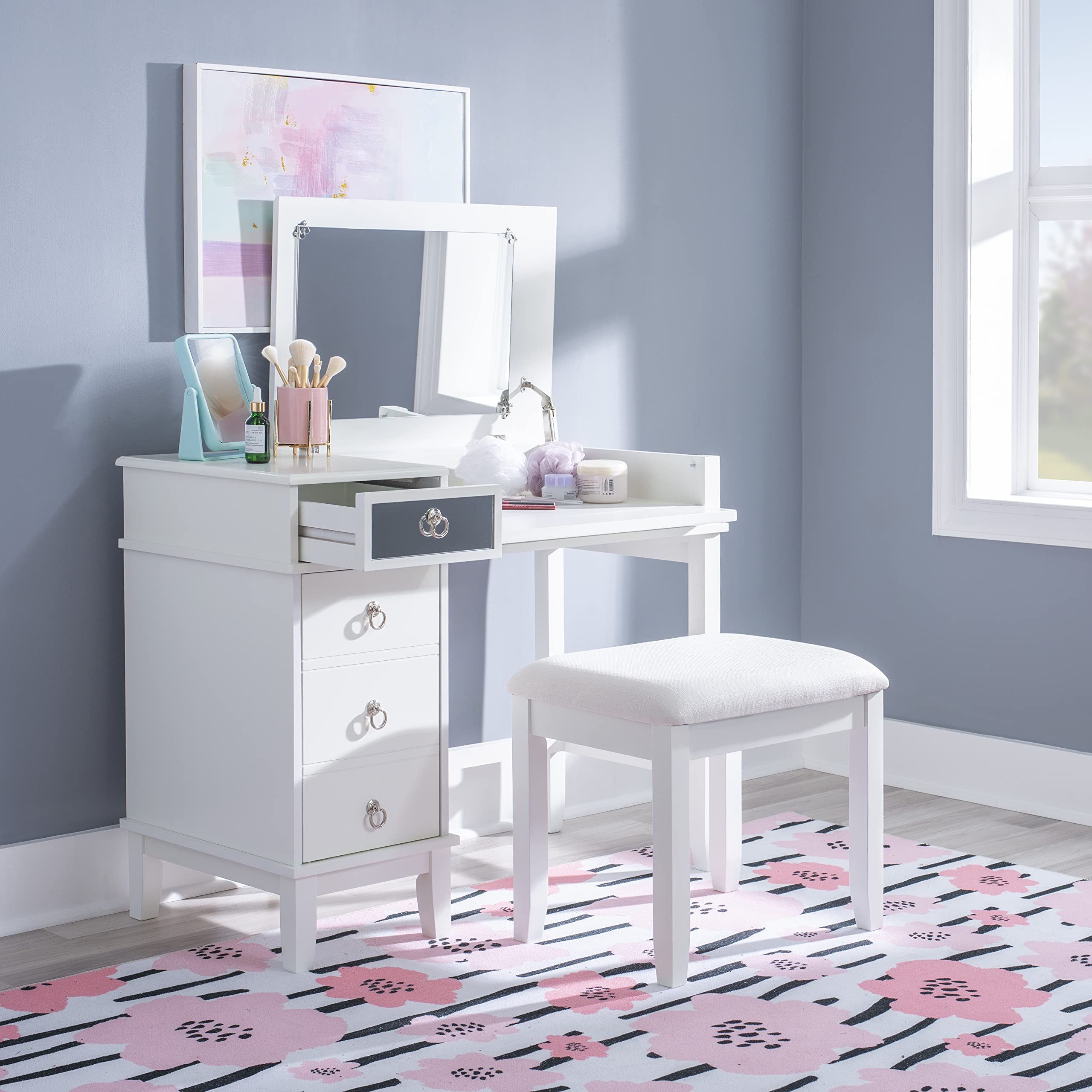 Linon White Vanity Set with Mirror & Stool - Elegant Dressing Table for Bedroom, Bathroom & Makeup Area