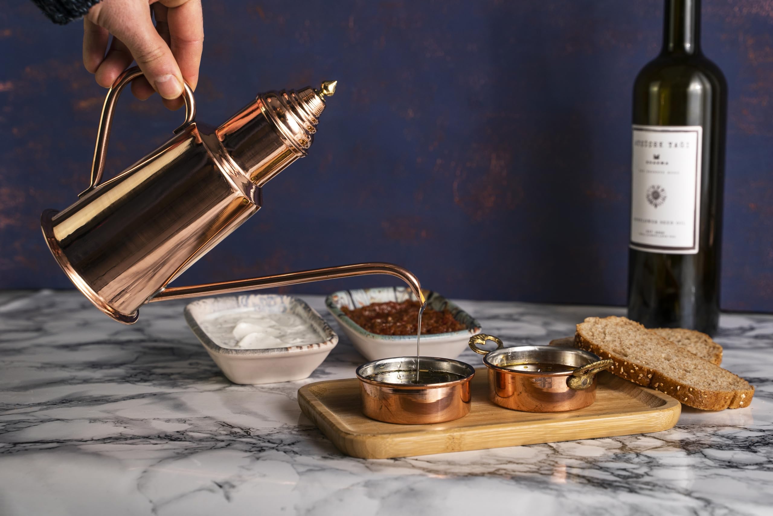 Handcrafted 600ml Solid Copper Olive Oil Dispenser Bottle with Brass Crown - Premium Oil Dipping Set for Kitchen & Dining | 100% Pure Copper | Perfect for Cooking, Salad Dressing & Bread Dipping