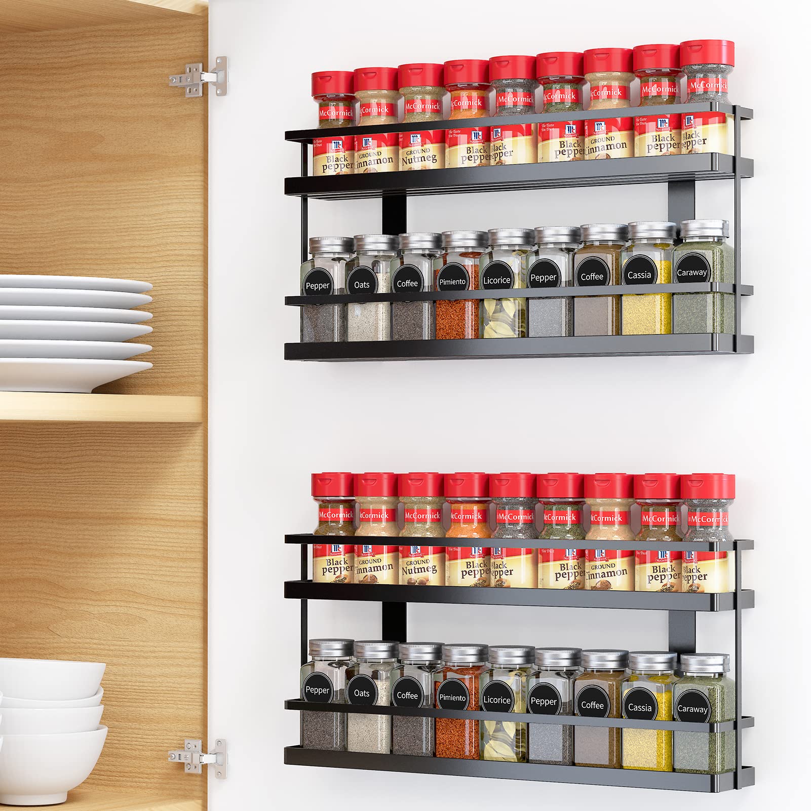MEIQIHOME 4 Tier Spice Rack Organizer - Space Saving Kitchen Cabinet & Pantry Door Storage Shelf - Wall Mount or Countertop Spice Holder - Black - Perfect for Organizing Spices, Condiments & Small Kitchen Items