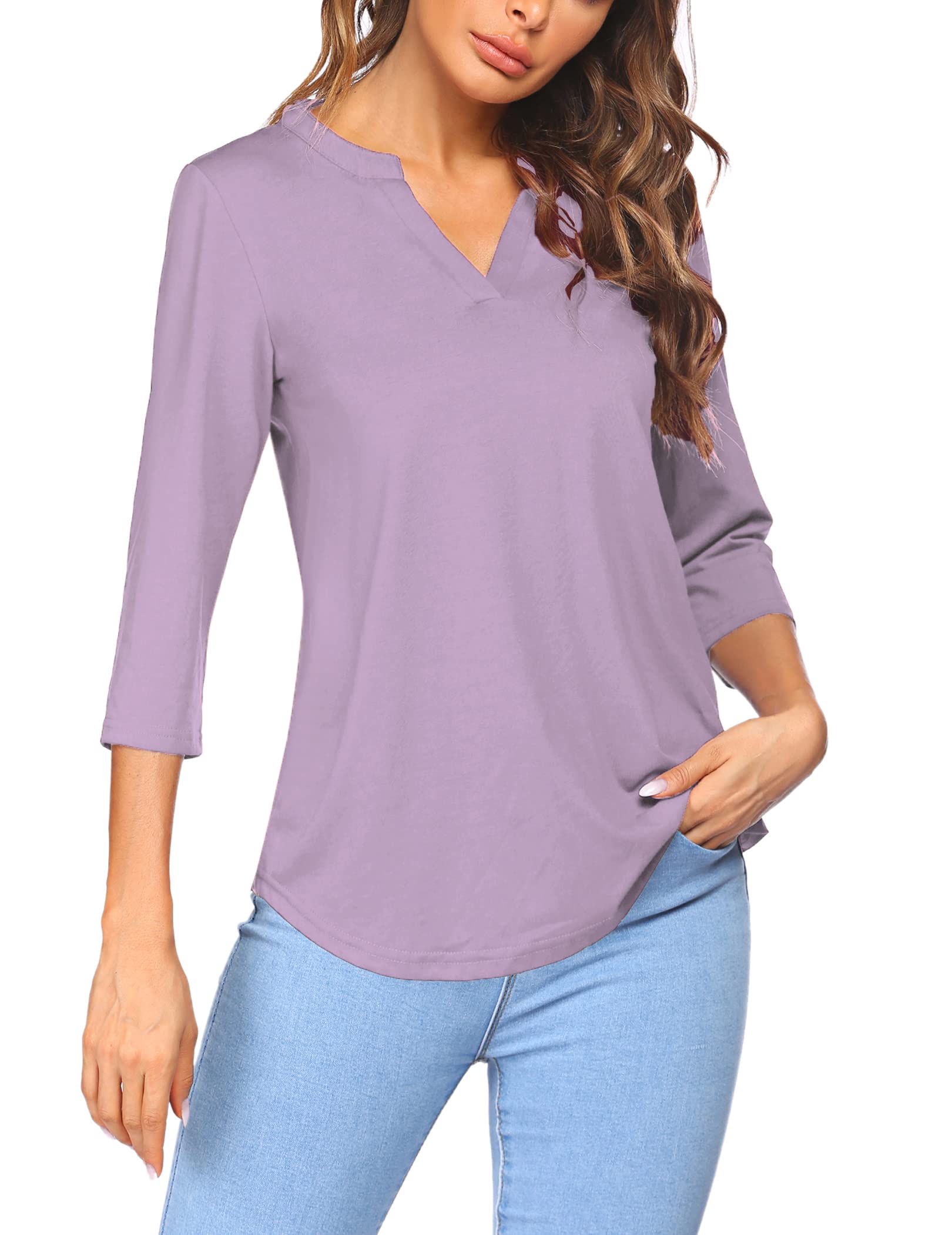 Sherosa Women's 3/4 Sleeve V-Neck Casual Henley Blouse - Comfortable Work Tops for Office, Business Casual & Everyday Wear