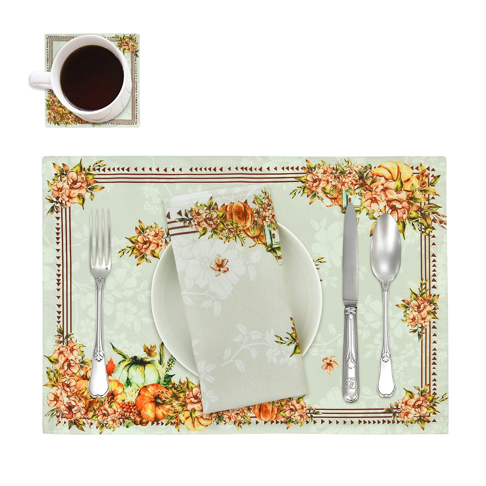 ASPMIZ 12-Piece Thanksgiving Placemat Set - Waterproof Floral Table Mats with Napkins & Coasters, Non-Slip Dining Table Decor for Fall & Autumn (12x18 Inch) - Perfect for Thanksgiving Dinner, Holiday Gatherings & Seasonal Home Decor