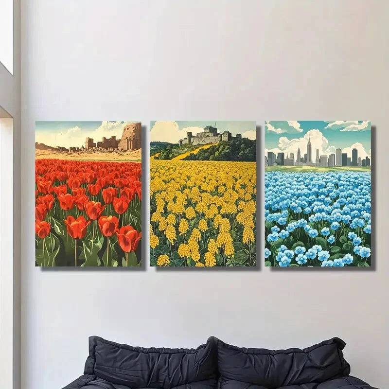 3-Piece Botanical Flower Field Metal Print Wall Art - Red & Yellow Floral Decor - Ready to Hang for Living Room, Bedroom or Office