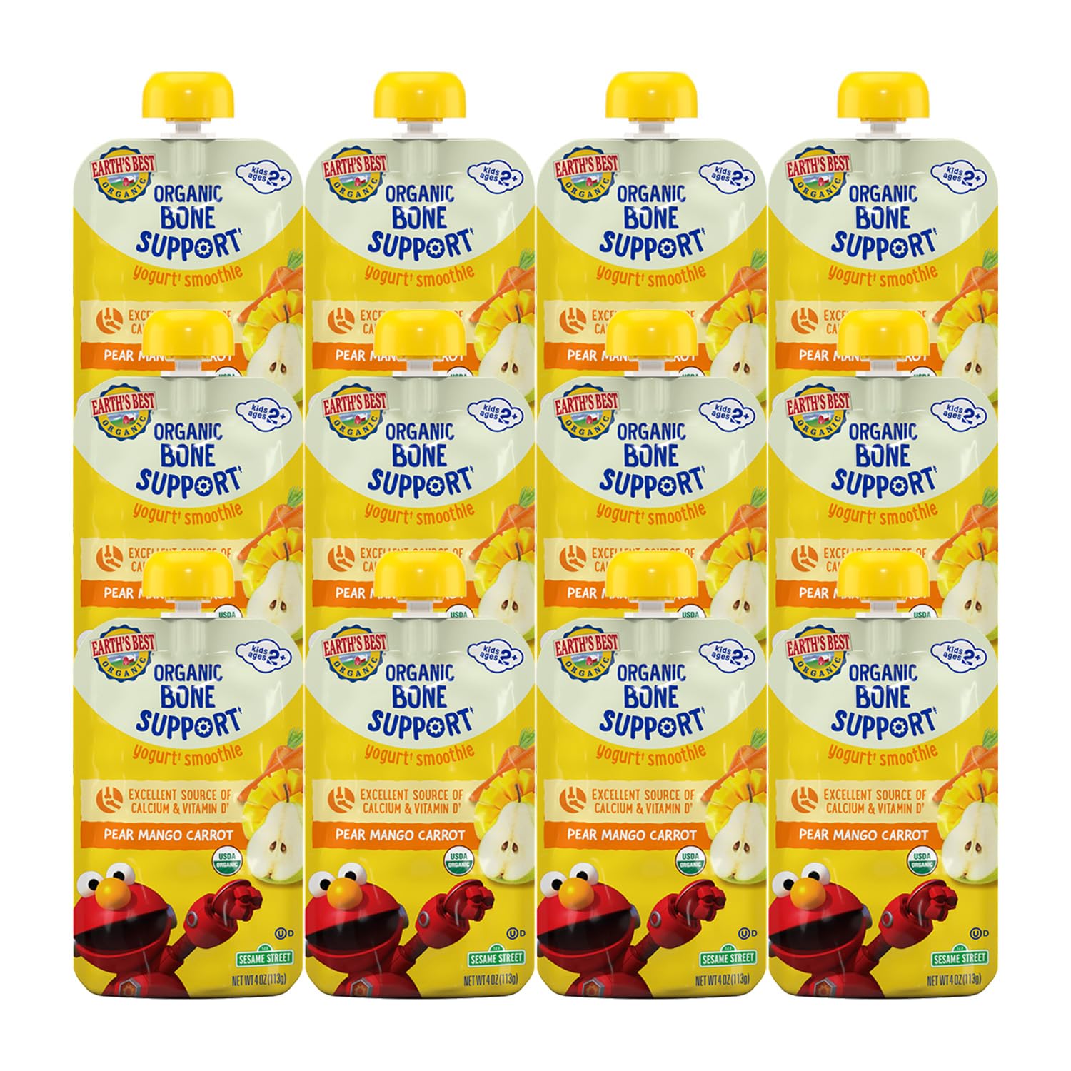 Organic Sesame Street Toddler Snacks - Earth's Best Fruit & Veggie Smoothie for Kids 2+ Years | Pear Mango Carrot Flavor | Bone Support Nutrition | 4oz Packs (12 Count) | Perfect for Lunchboxes, Daycare & On-the-Go Healthy Snacking