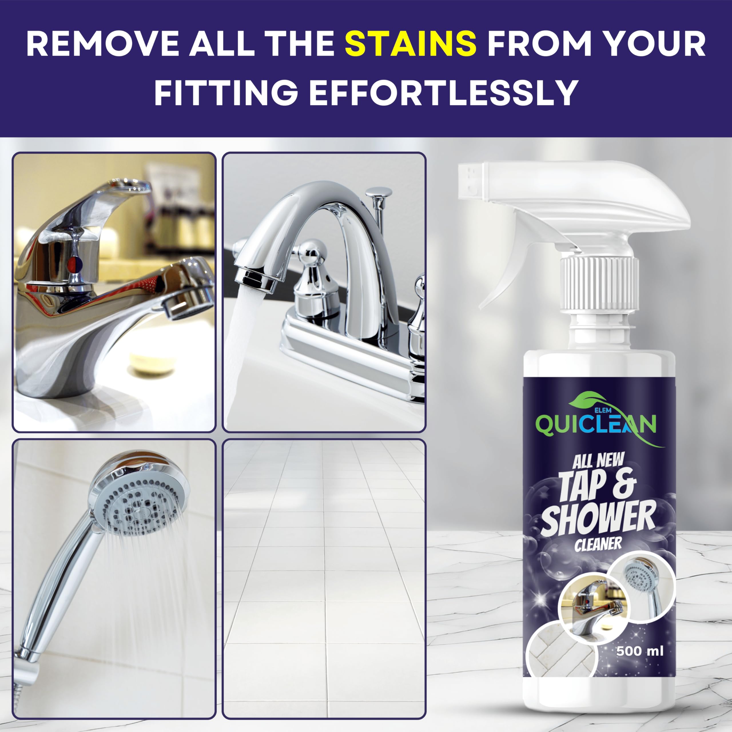 Quiclean 500ML Tap & Shower Cleaner - Powerful Limescale & Hard Water Stain Remover for Kitchen & Bathroom Fixtures, Tiles, Sinks | Fast-Acting Descaler for Sparkling Clean Taps & Showers | Ideal for Daily Cleaning & Tough Stain Removal