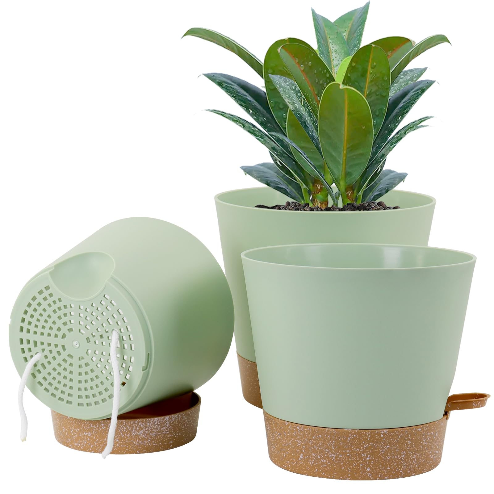 10/9/8 Inch Self Watering Plant Pots - Set of 3 Plastic Flower Planters with Drainage Holes & Deep Reservoir for Indoor/Outdoor Plants - Green with Brown - Perfect for Succulents, Herbs & Home Decor